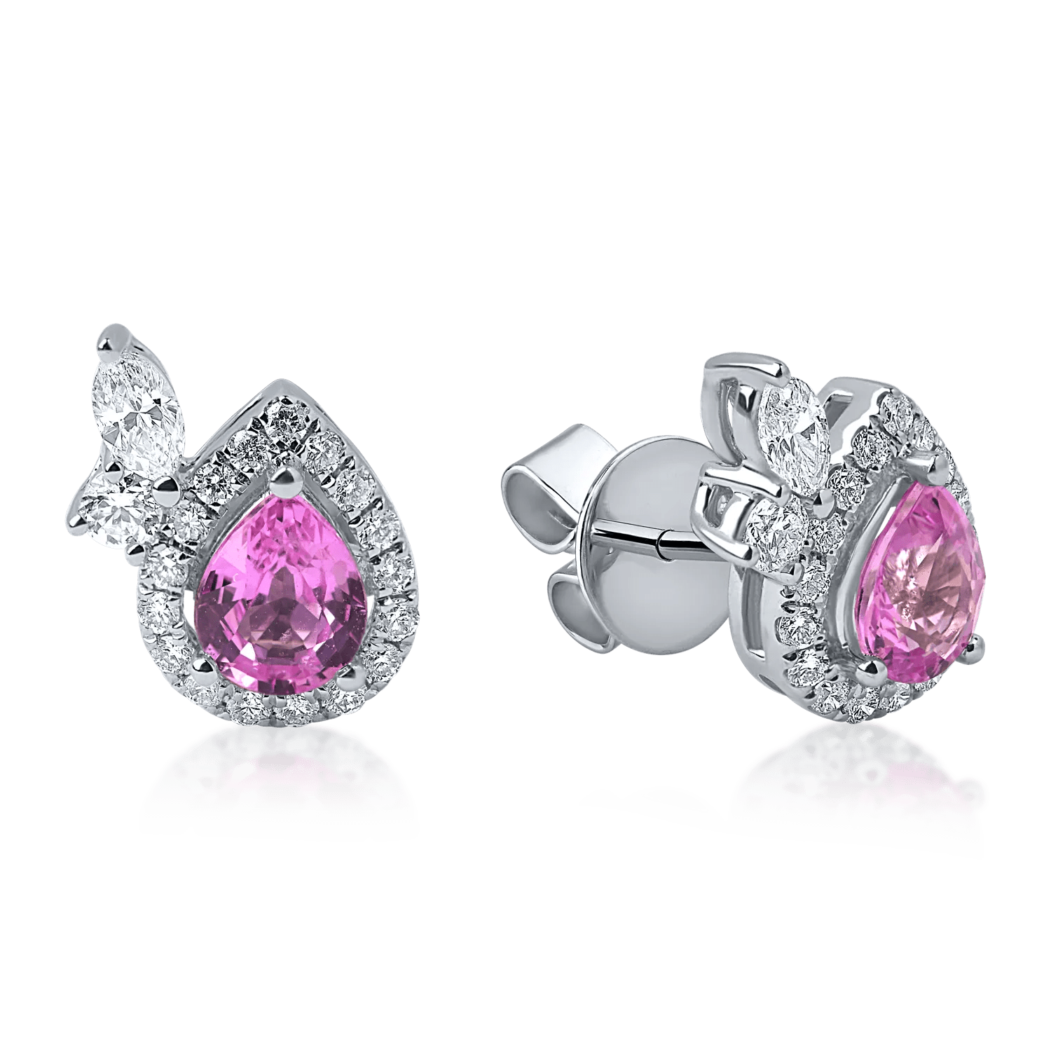 Cercei lacrimă din aur alb cu safire roz pear de 0.83ct și diamante de 0.34ct Cercei lacrimă din aur alb cu safire roz pear de 0.83ct și diamante de 0.34ct