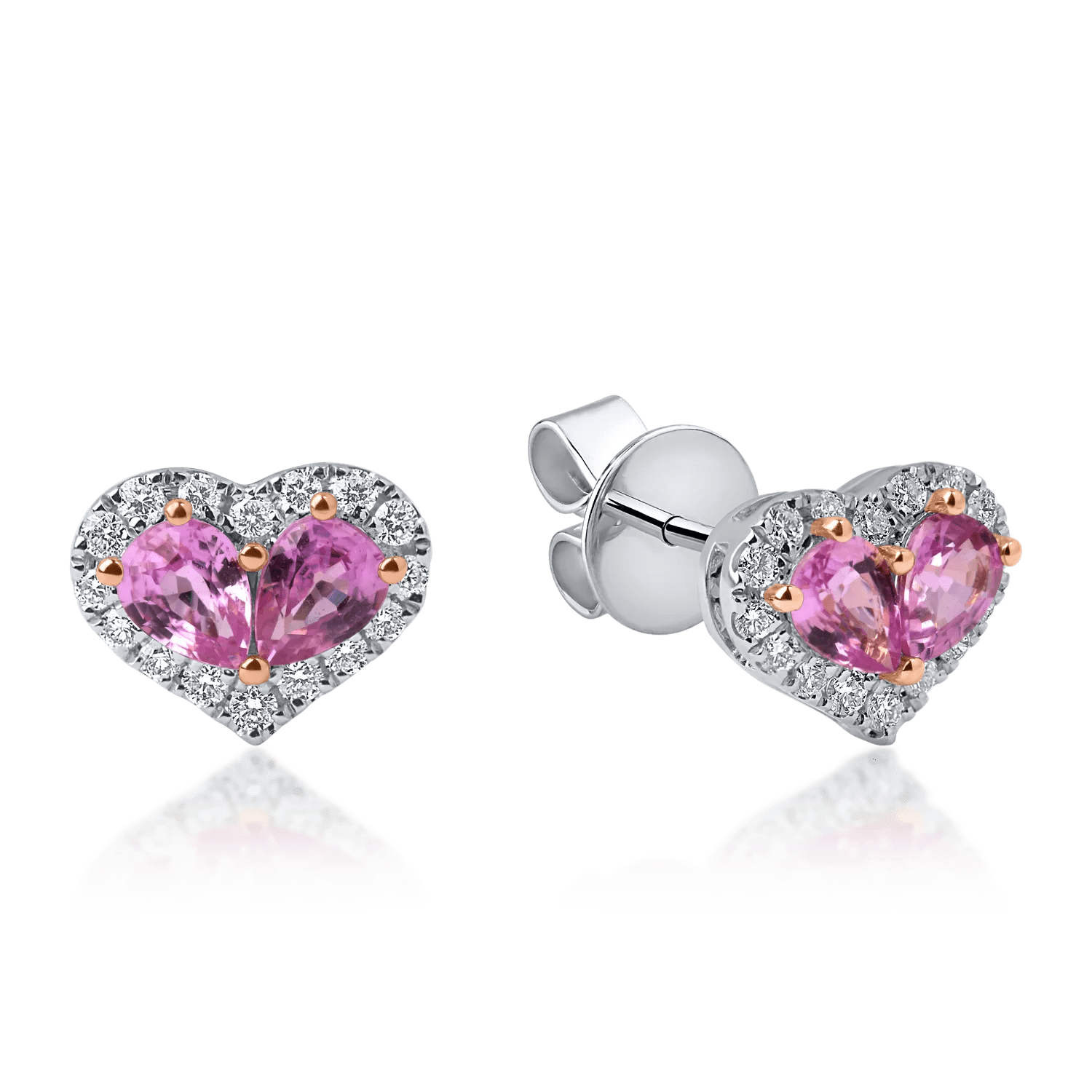 Cercei inimi din aur alb-roz cu safire roz pear de 0.7ct și diamante de 0.17ct Cercei inimi din aur alb-roz cu safire roz pear de 0.7ct și diamante de 0.17ct