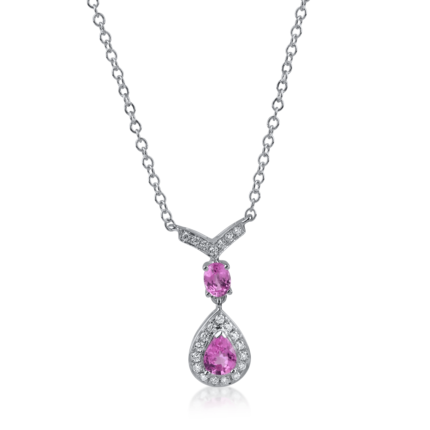 Lanț cu pandantiv lacrimă din aur alb cu safire roz pear și oval de 0.57ct și diamante de 0.11ct – Teilor Lanț cu pandantiv lacrimă din aur alb cu safire roz pear și oval de 0.57ct și diamante de 0.11ct – Teilor