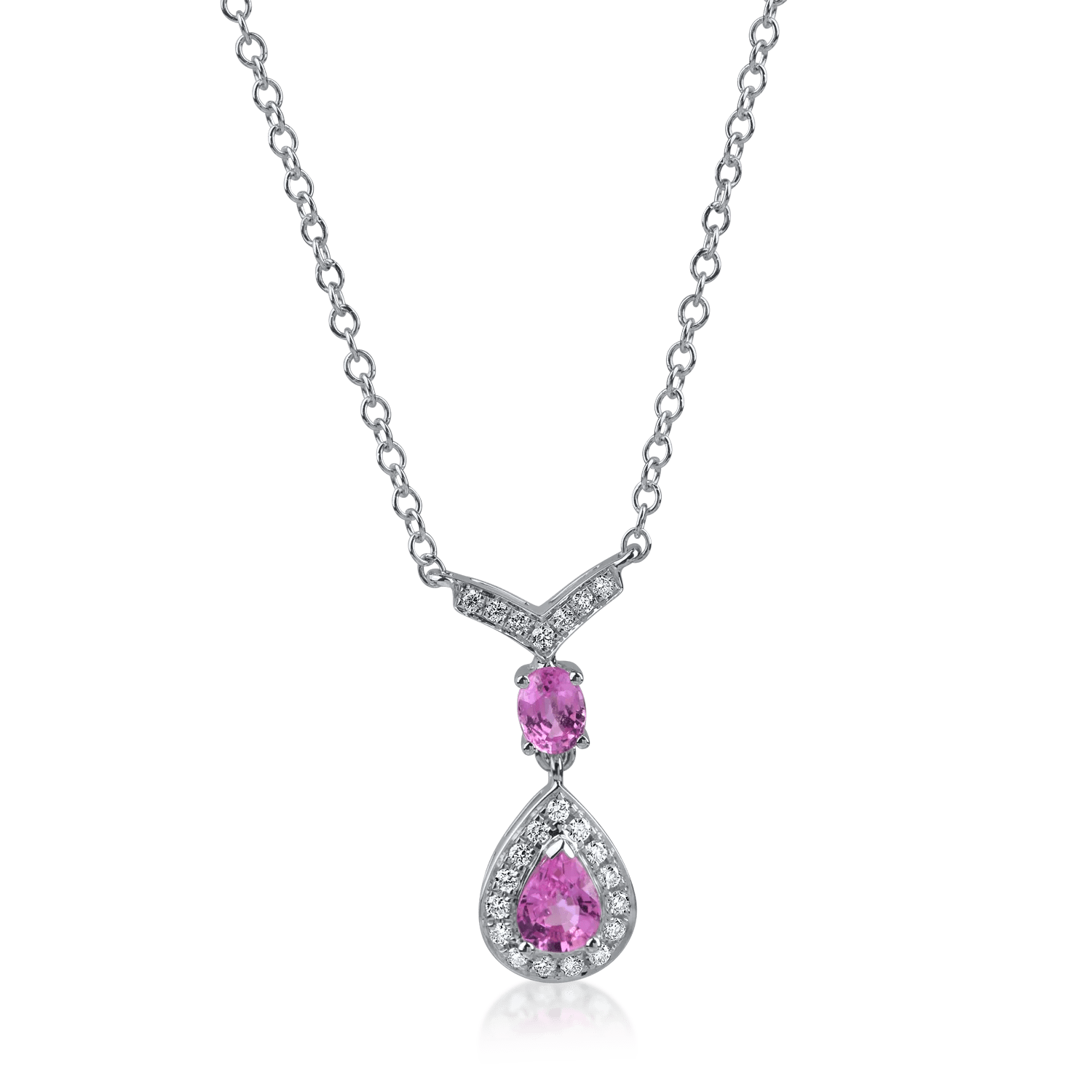 Lanț cu pandantiv lacrimă din aur alb cu safire roz pear și oval de 0.57ct și diamante de 0.11ct Lanț cu pandantiv lacrimă din aur alb cu safire roz pear și oval de 0.57ct și diamante de 0.11ct