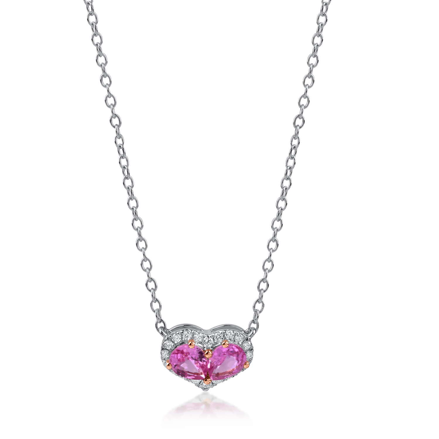 Lanț cu pandantiv inimă din aur alb-roz cu safire roz pear de 0.63ct și diamante de 0.12ct Lanț cu pandantiv inimă din aur alb-roz cu safire roz pear de 0.63ct și diamante de 0.12ct