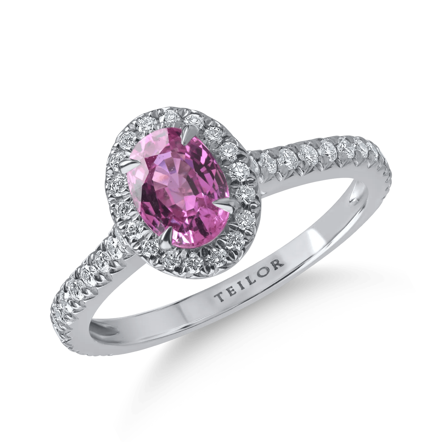 Inel din aur alb cu safir roz oval de 0.93ct și diamante de 0.29ct Inel din aur alb cu safir roz oval de 0.93ct și diamante de 0.29ct