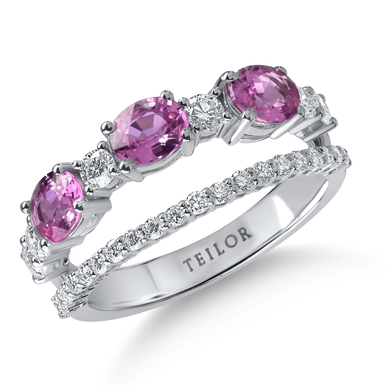 Inel dublu din aur alb cu safire roz ovale de 1.29ct și diamante de 0.55ct Inel dublu din aur alb cu safire roz ovale de 1.29ct și diamante de 0.55ct