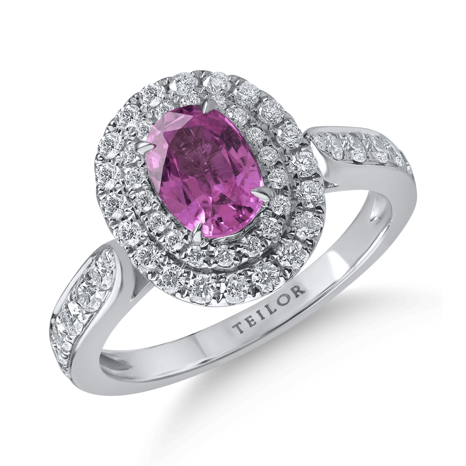 Inel din aur alb cu safir roz oval de 0.13ct și diamante de 0.6ct Inel din aur alb cu safir roz oval de 0.13ct și diamante de 0.6ct