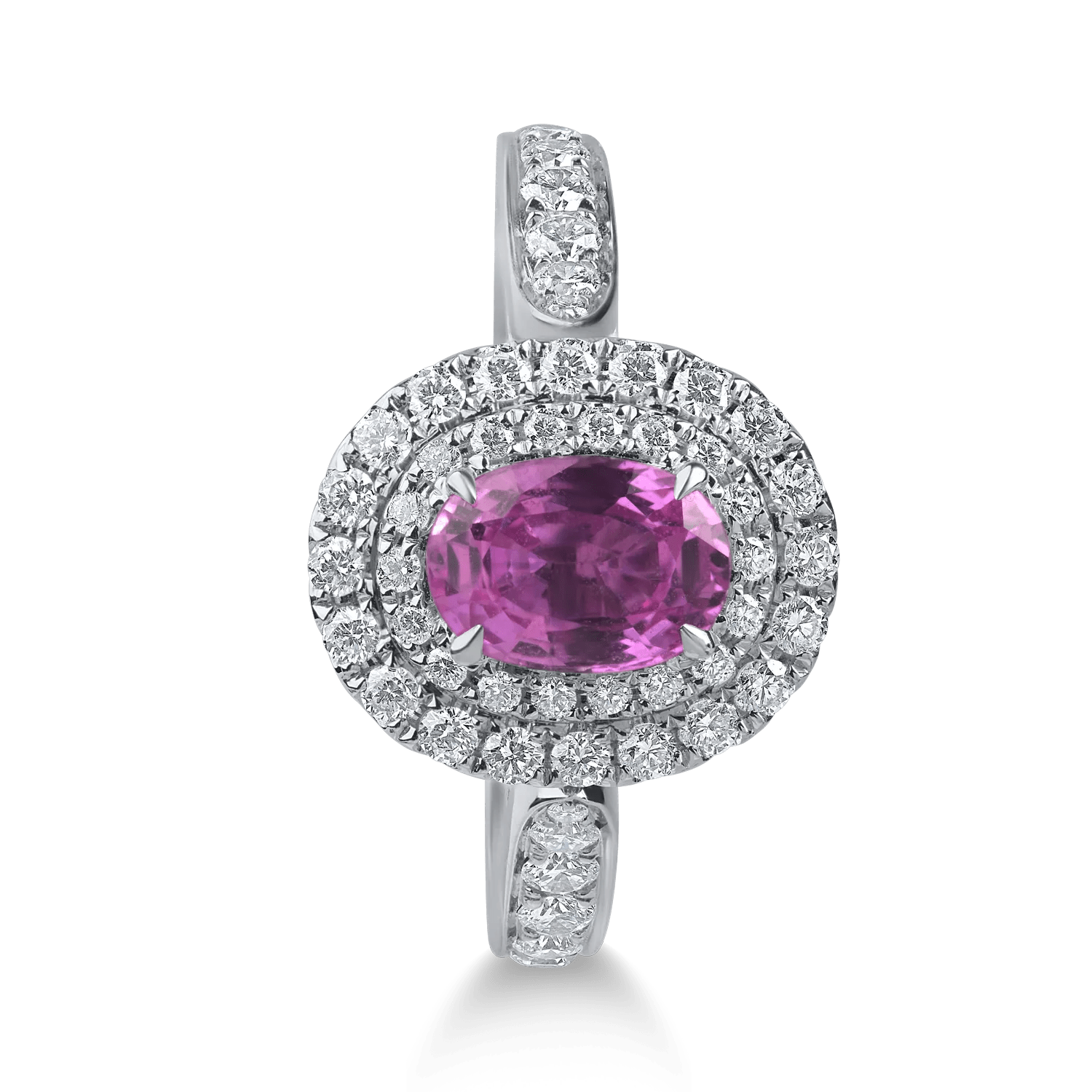Inel din aur alb cu safir roz oval și diamante Inel din aur alb cu safir roz oval și diamante