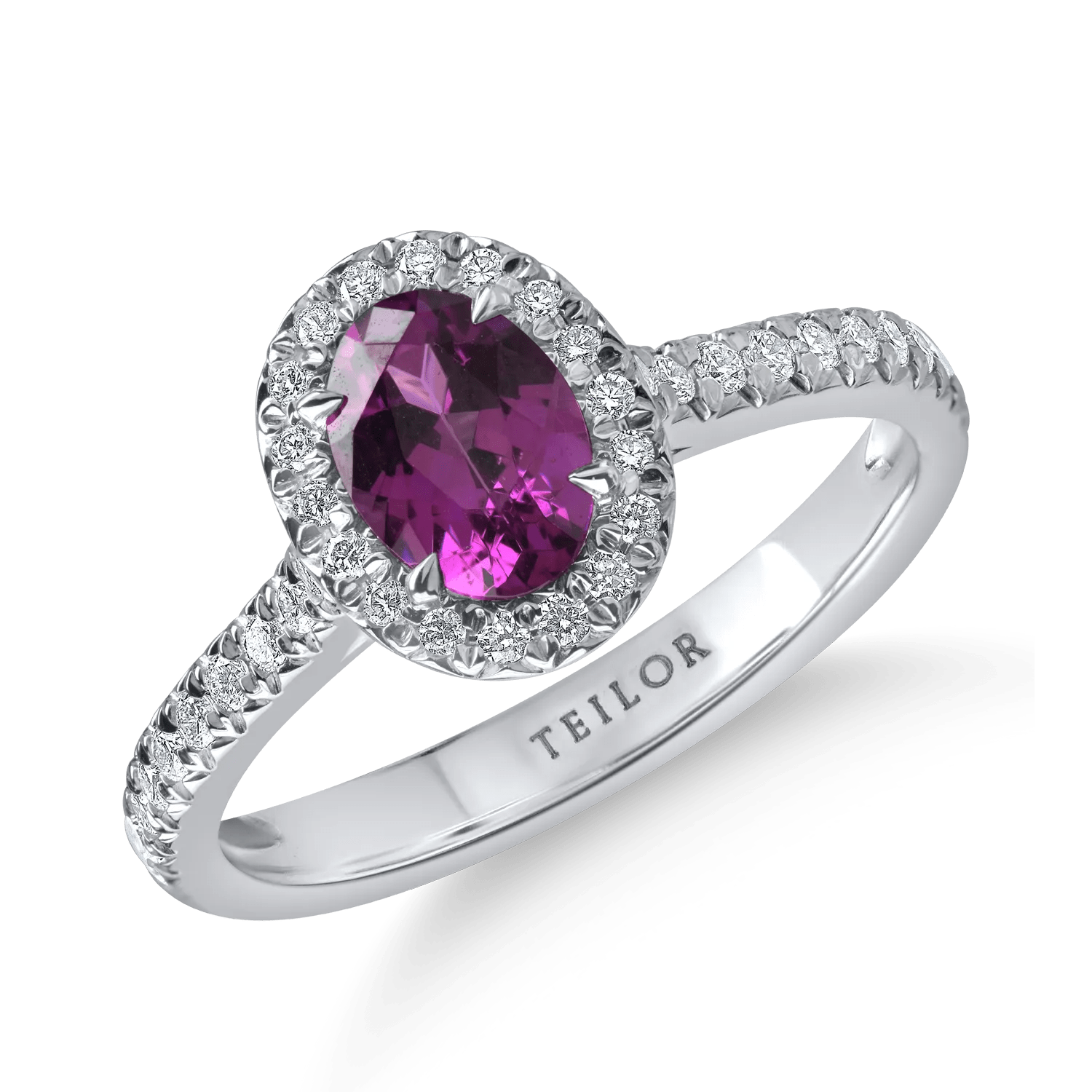 Inel din aur alb cu granat purple oval de 0.91ct și diamante de 0.31ct Inel din aur alb cu granat purple oval de 0.91ct și diamante de 0.31ct