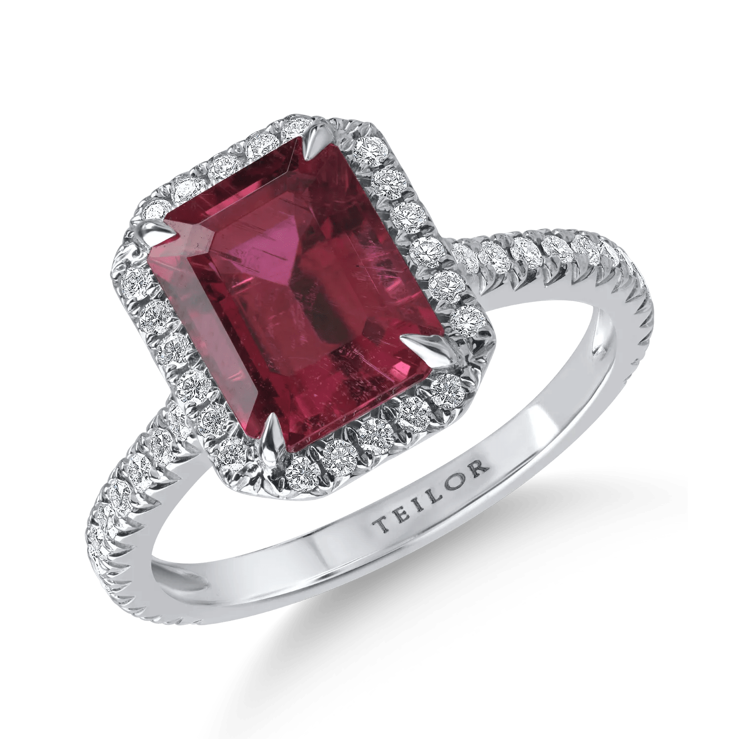 Inel cu rubelit octogonal de 2.91ct și diamante de 0.35ct, din aur alb Inel cu rubelit octogonal de 2.91ct și diamante de 0.35ct, din aur alb