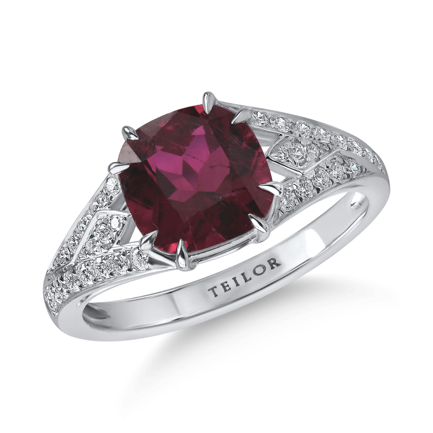 Inel din aur alb cu rubelit cushion de 2.15ct și diamante de 0.35ct Inel din aur alb cu rubelit cushion de 2.15ct și diamante de 0.35ct