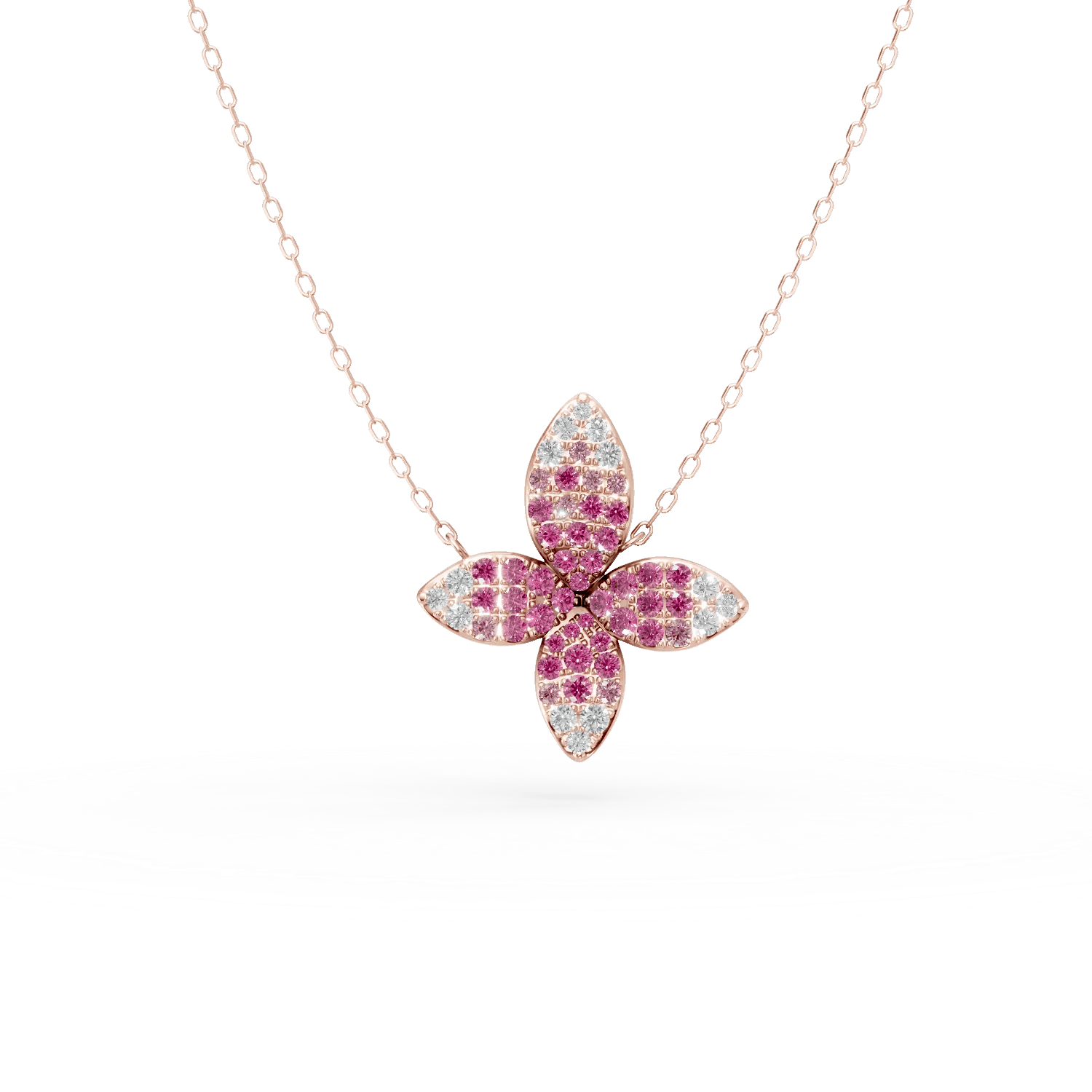 Lant cu pandantiv floral din aur roz cu safire roz si diamante de 0.85ct – Teilor Lant cu pandantiv floral din aur roz cu safire roz si diamante de 0.85ct – Teilor
