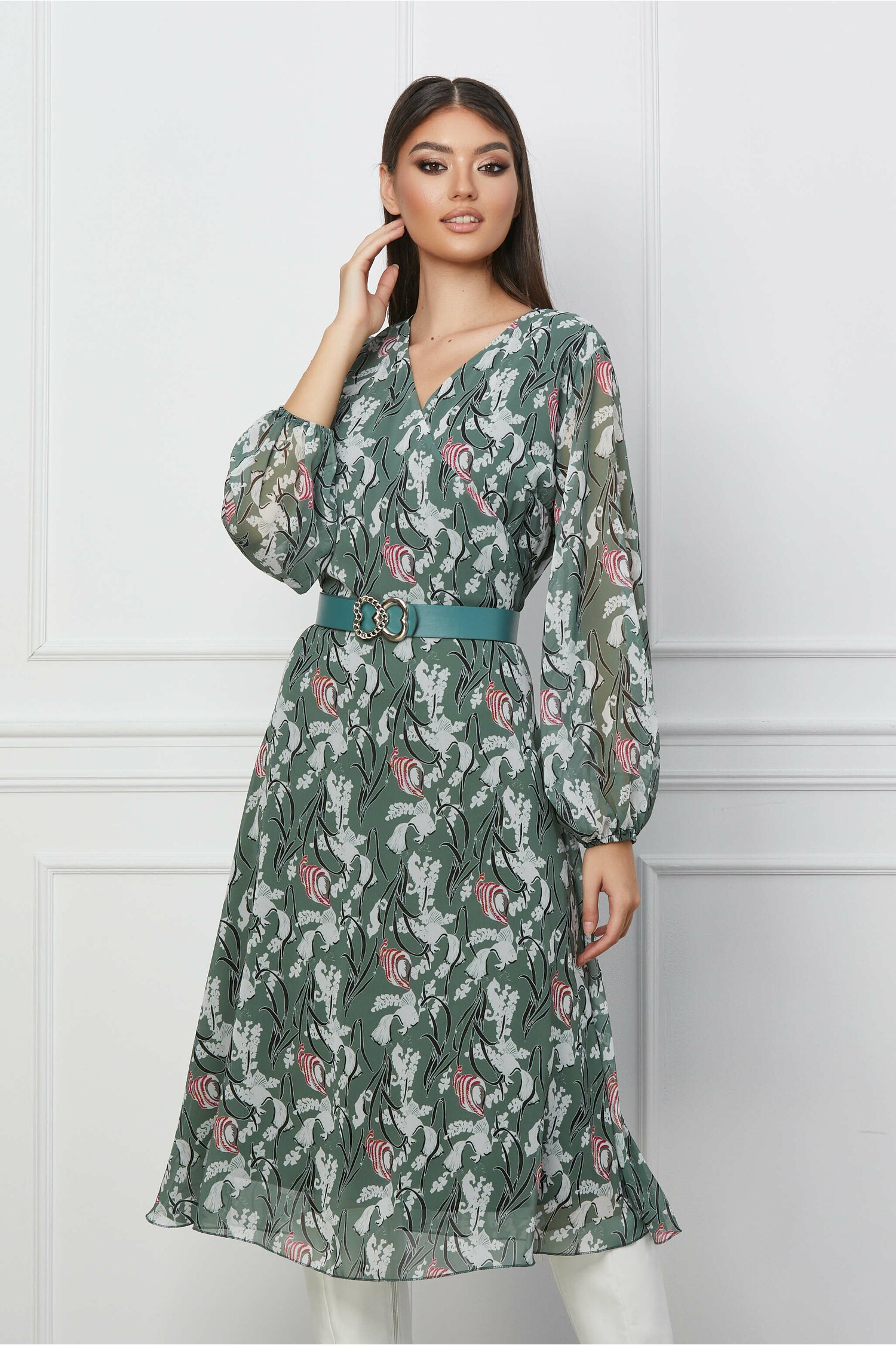 Rochie loredana verde mint cu imprimeu și curea în talie Rochie loredana verde mint cu imprimeu și curea în talie