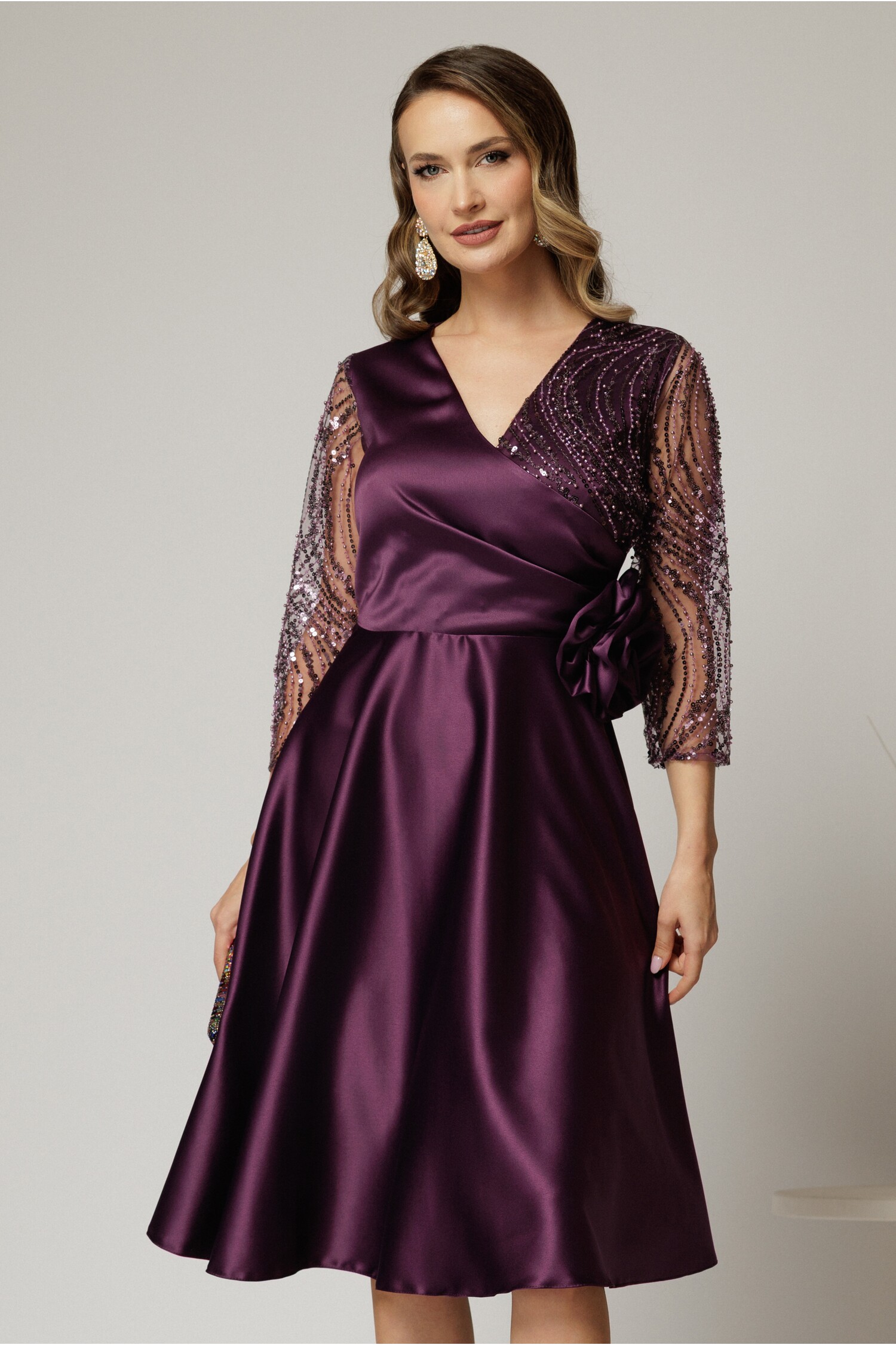 Rochie midi azaleea mov din tafta cu paiete și funda maxi în talie Rochie midi azaleea mov din tafta cu paiete și funda maxi în talie