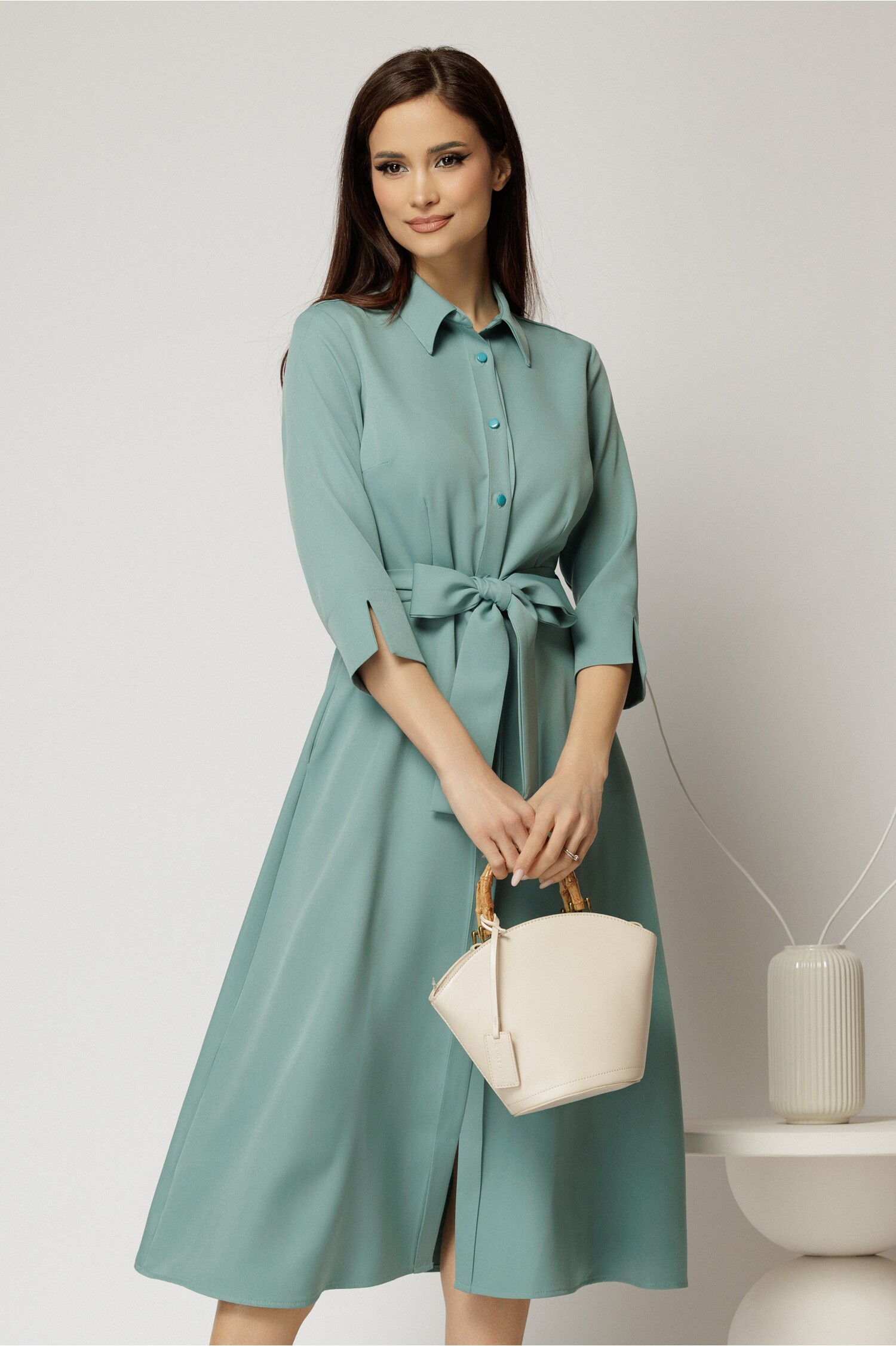 Rochie midi tip cămașă turcoaz cu cordon în talie Rochie midi tip cămașă turcoaz cu cordon în talie