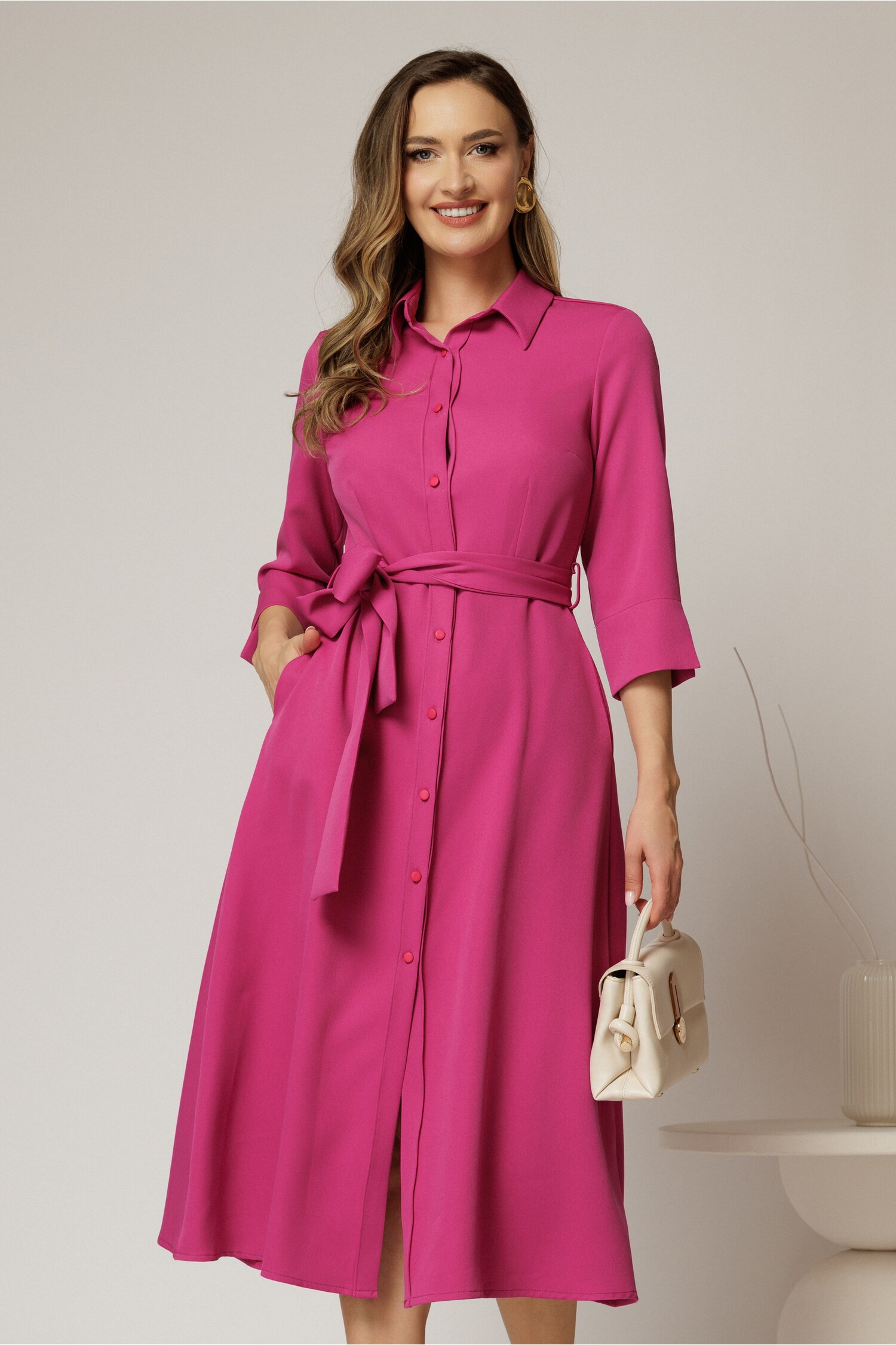 Rochie midi fucsia tip cămașă cu cordon în talie Rochie midi fucsia tip cămașă cu cordon în talie