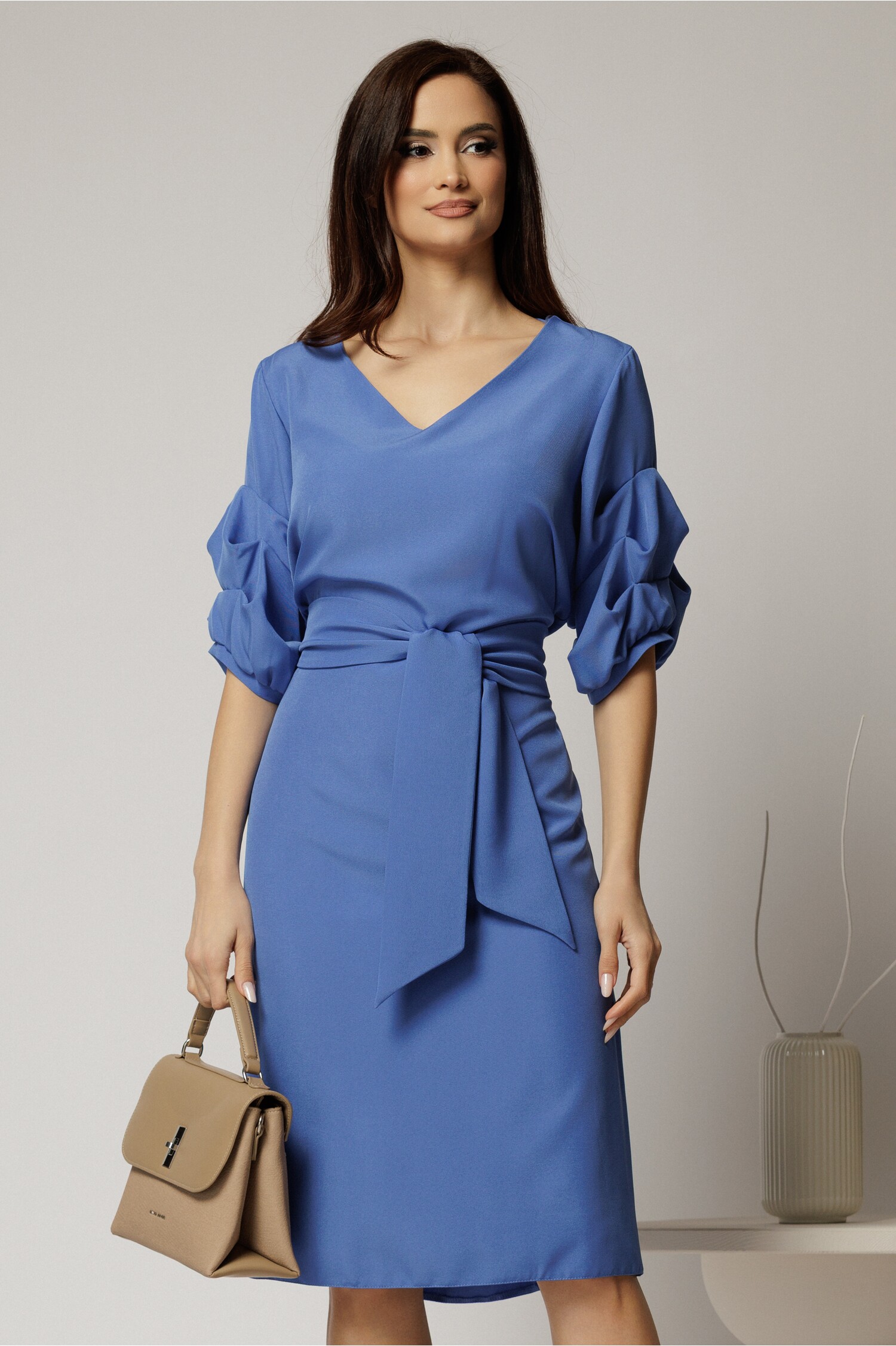 Rochie albastră DY fashion cu maneci bufante și cordon Rochie albastră DY fashion cu maneci bufante și cordon