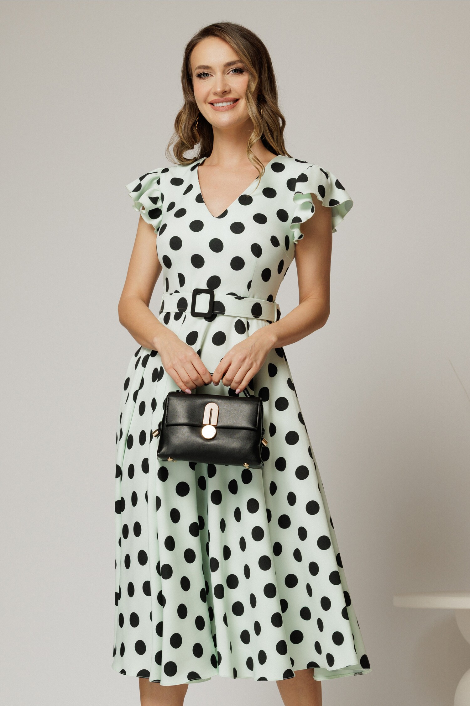 Rochie bleu menta cu buline si curea in talie DY fashion Rochie bleu menta cu buline si curea in talie DY fashion