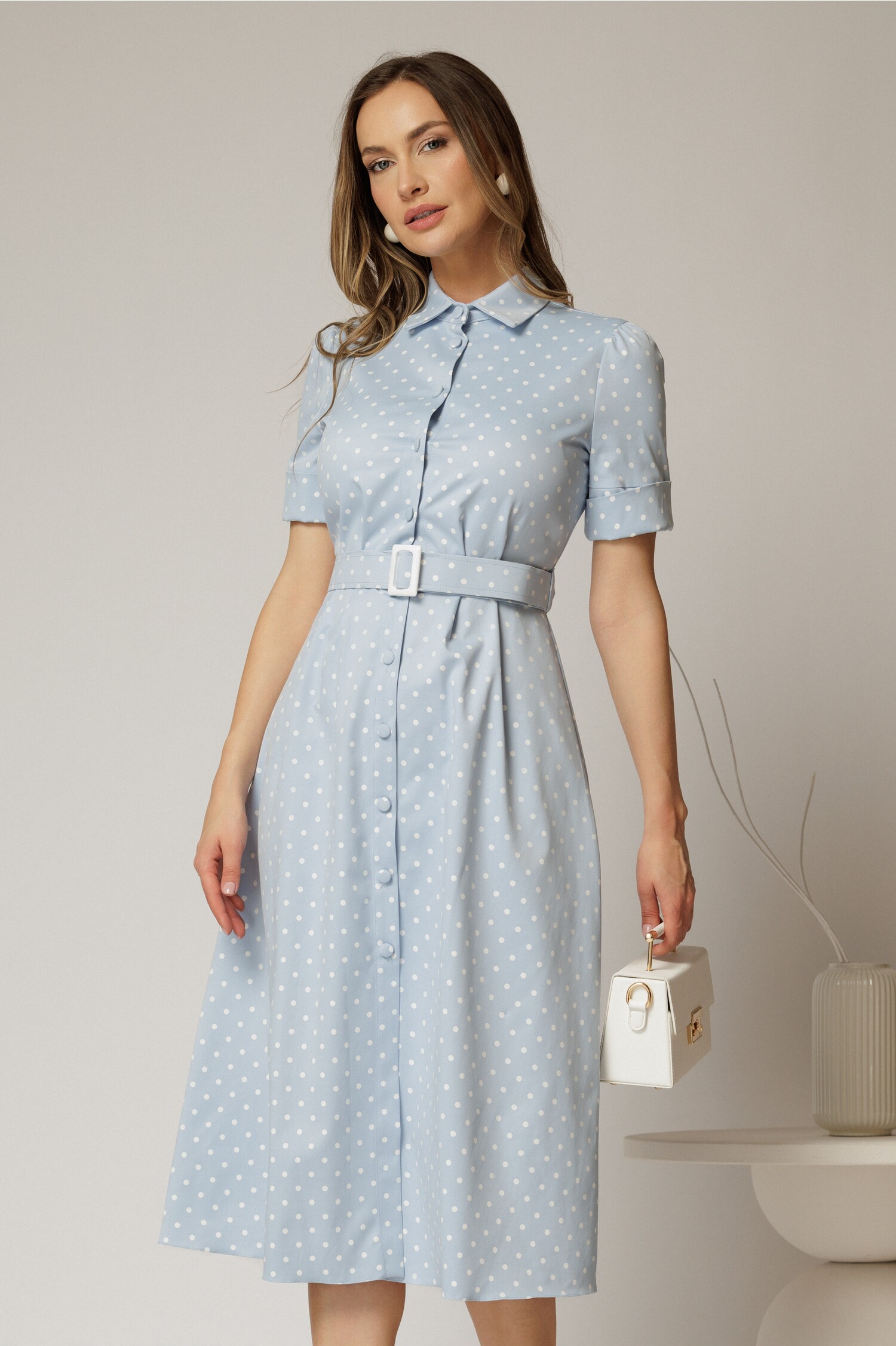 Rochie tip cămașă DY fashion bleu cu buline și curea în talie Rochie tip cămașă DY fashion bleu cu buline și curea în talie