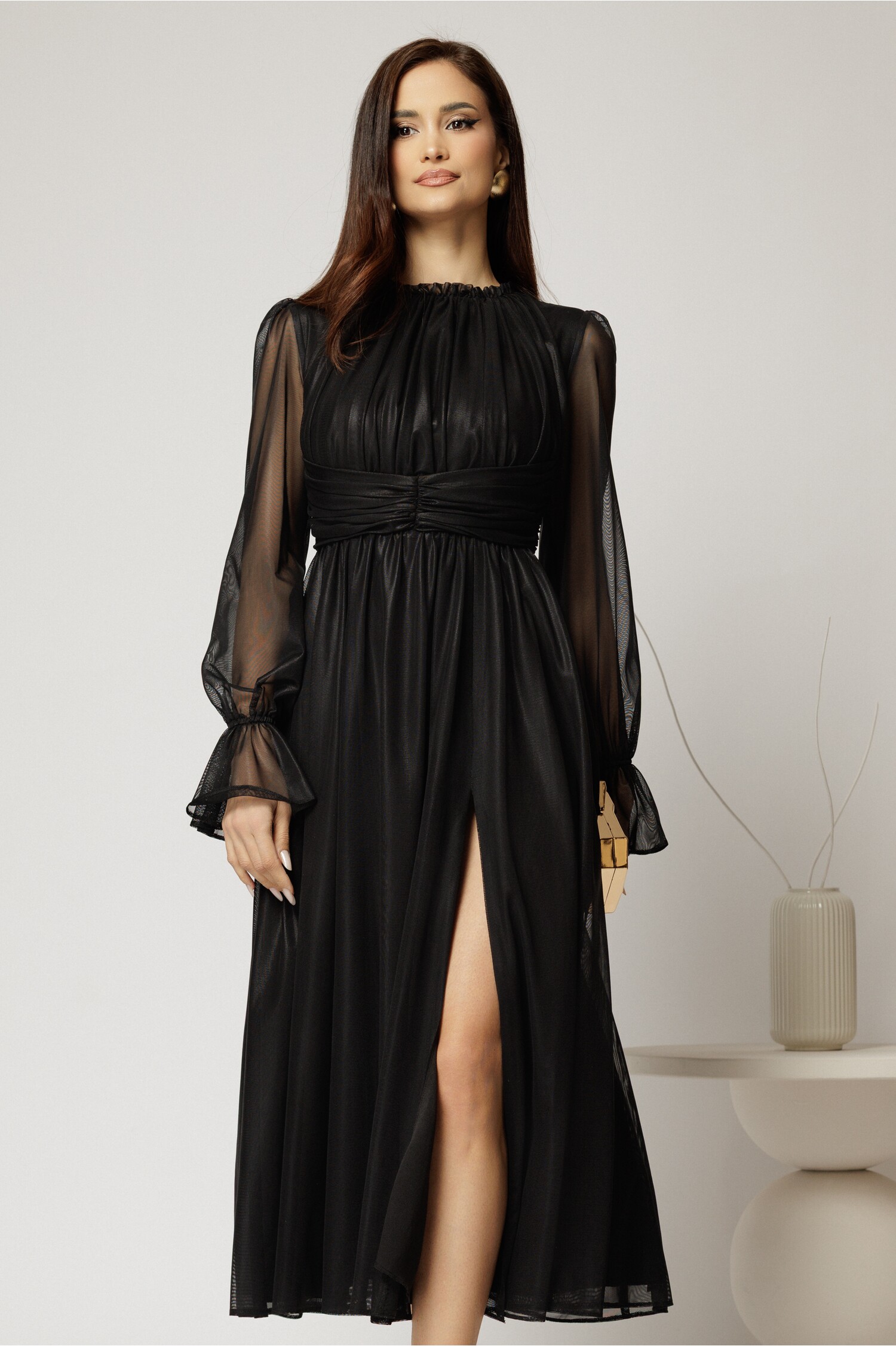 Rochie de ocazie neagră din tull DY fashion cu guler creț Rochie de ocazie neagră din tull DY fashion cu guler creț