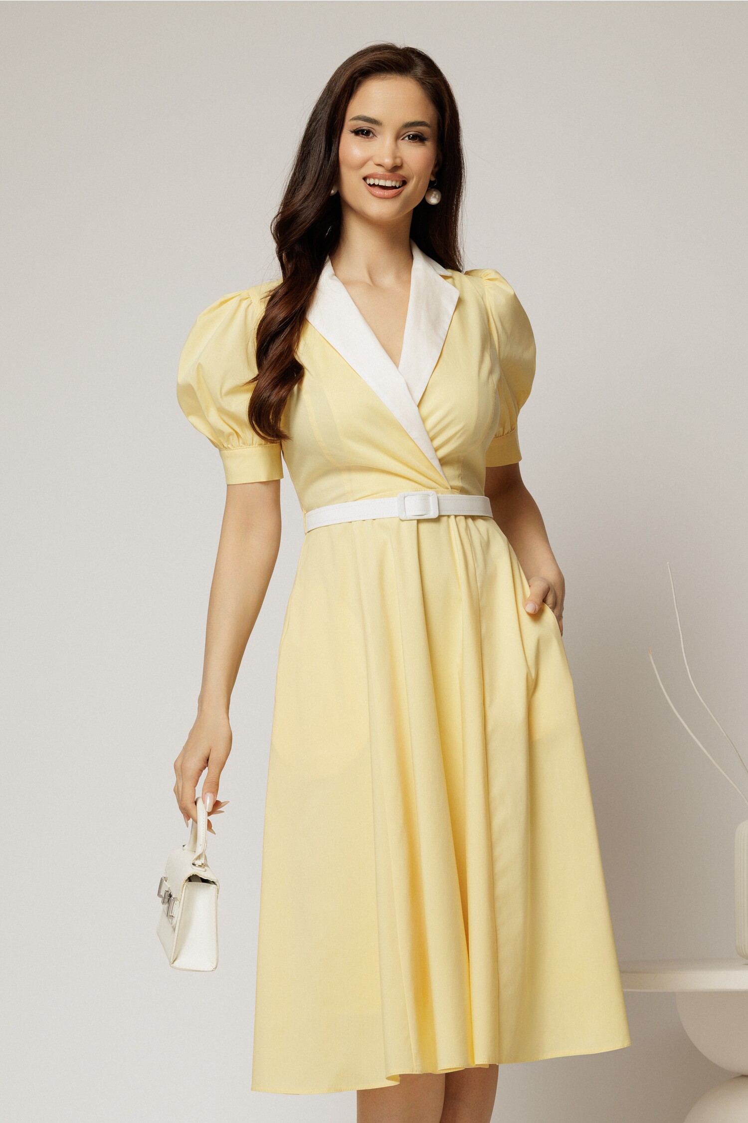 Rochie din poplin galben DY fashion cu guler în contrast și curea în talie Rochie din poplin galben DY fashion cu guler în contrast și curea în talie