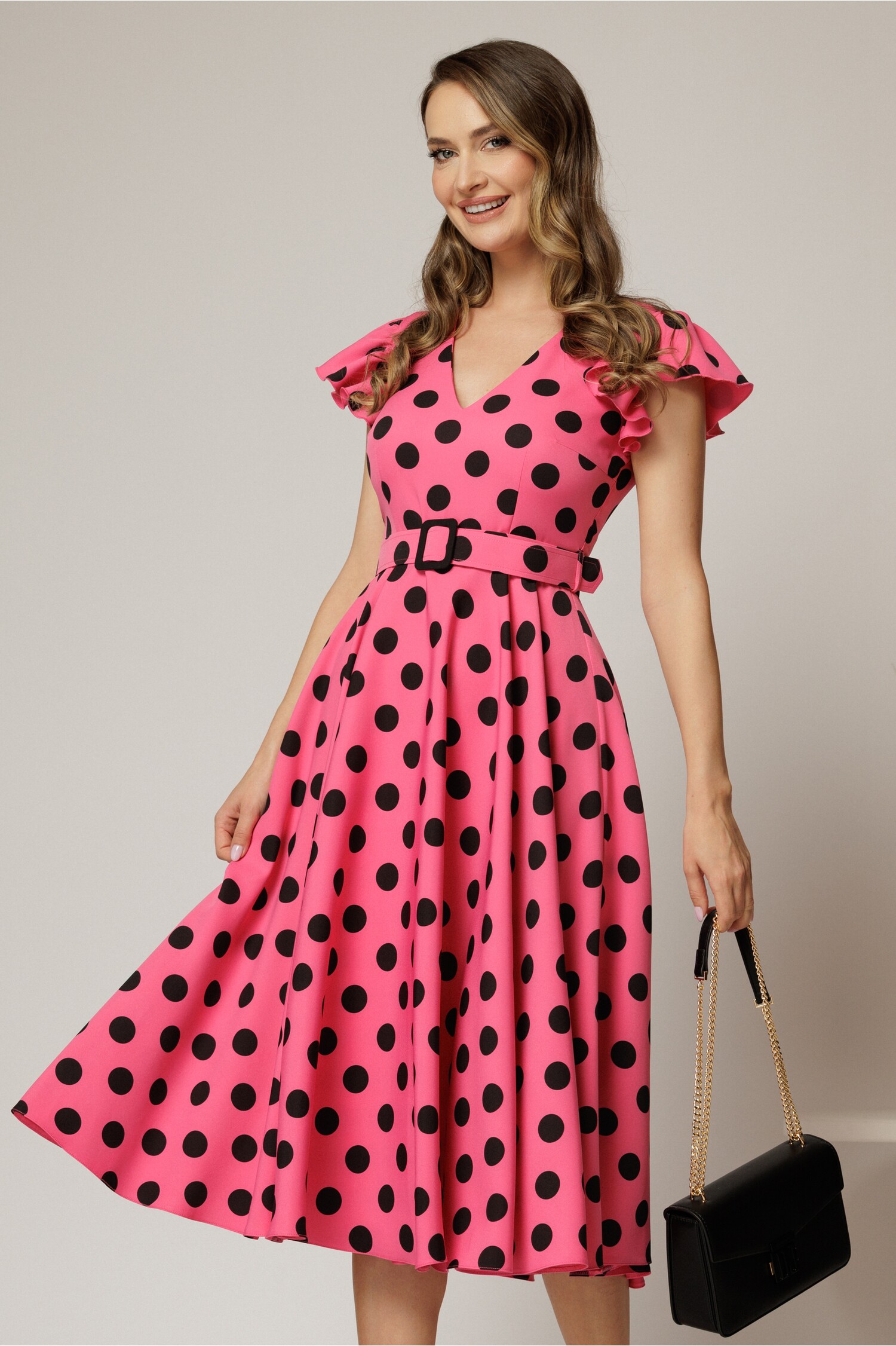 Rochie fucsia cu buline DY fashion și curea în talie Rochie fucsia cu buline DY fashion și curea în talie