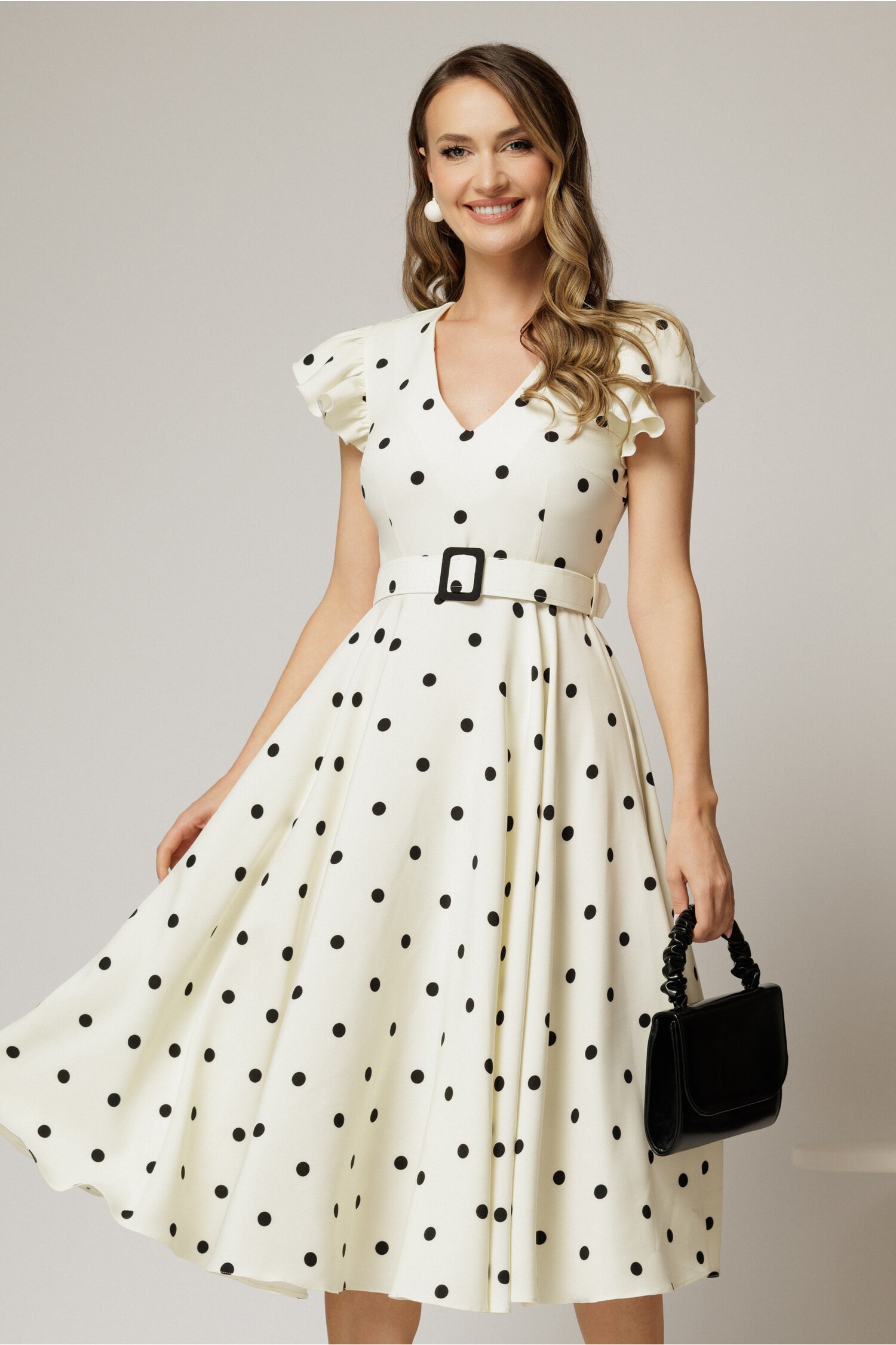 Rochie ivoar cu buline și curea în talie DY fashion Rochie ivoar cu buline și curea în talie DY fashion