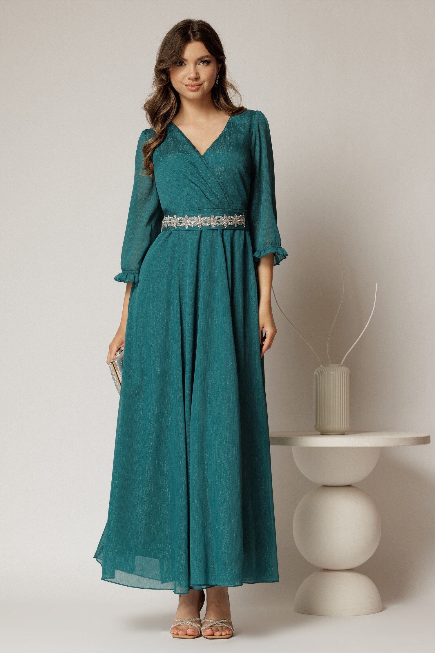 Rochie lungă verde din voal cu fir lurex – DY Fashion Rochie lungă verde din voal cu fir lurex – DY Fashion