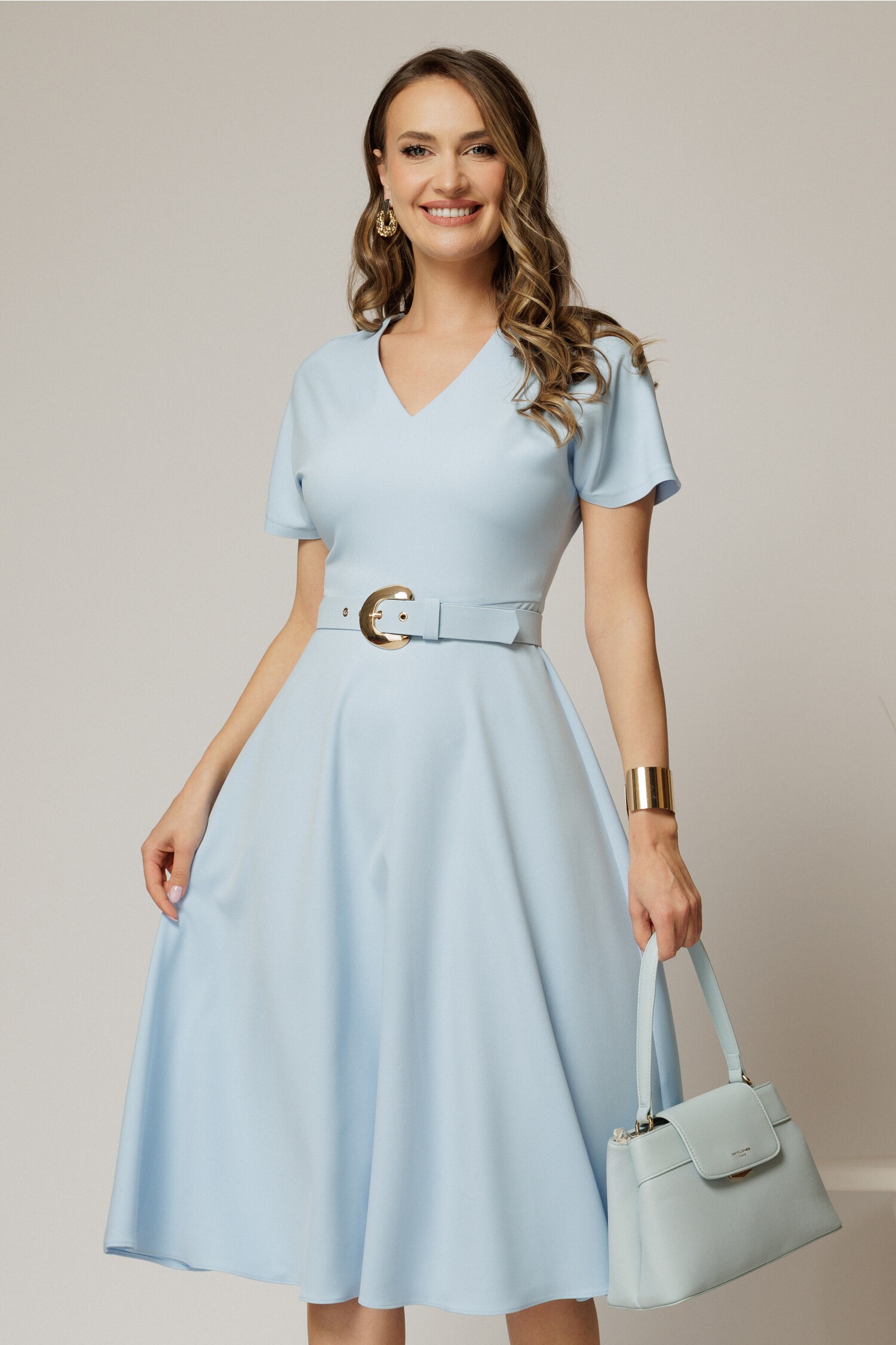 Rochie midi bleu DY fashion cu decolteu în v și curea în talie Rochie midi bleu DY fashion cu decolteu în v și curea în talie