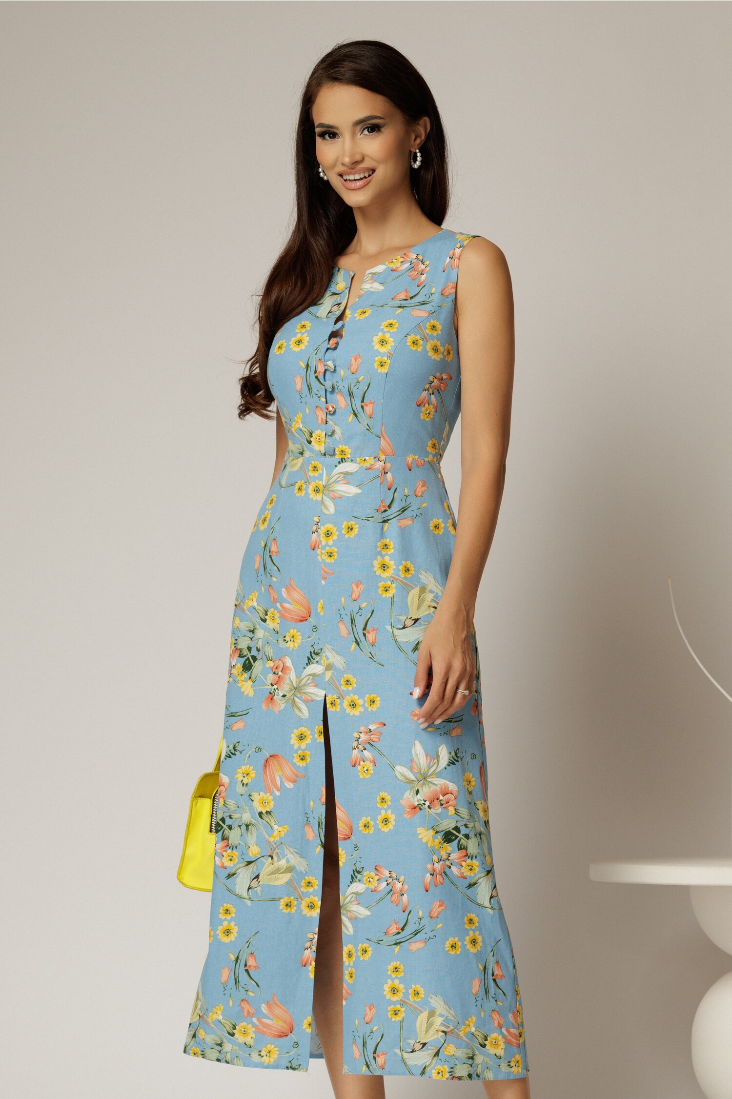 Rochie midi bleu cu imprimeuri din in și nasturi pe bust – DY Fashion Rochie midi bleu cu imprimeuri din in și nasturi pe bust – DY Fashion