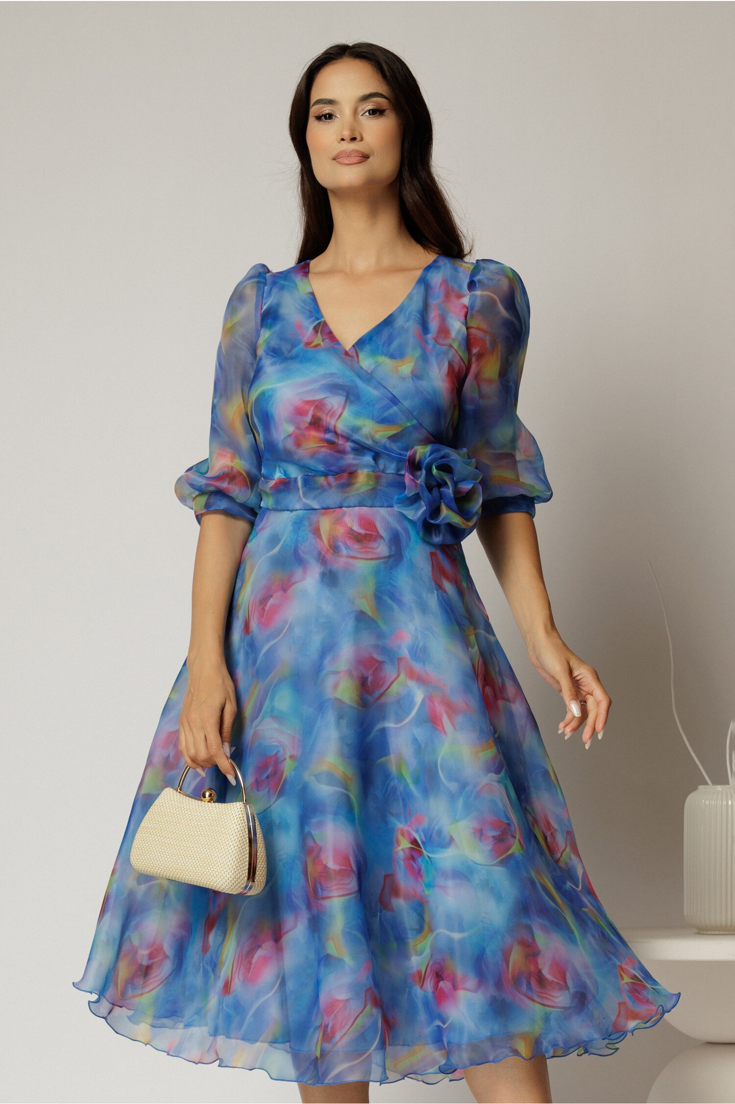 Rochie midi din organza cu imprimeuri albastre – DY Fashion Rochie midi din organza cu imprimeuri albastre – DY Fashion