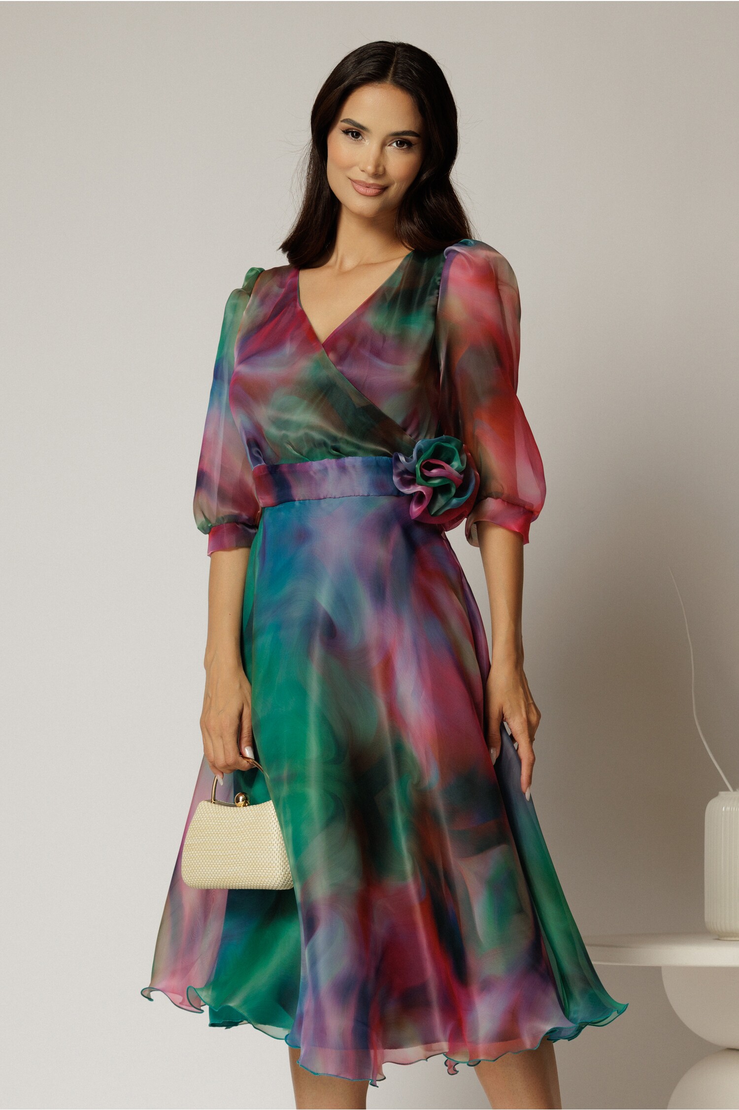Rochie midi din organza cu imprimeuri verde fucsia – DY Fashion Rochie midi din organza cu imprimeuri verde fucsia – DY Fashion
