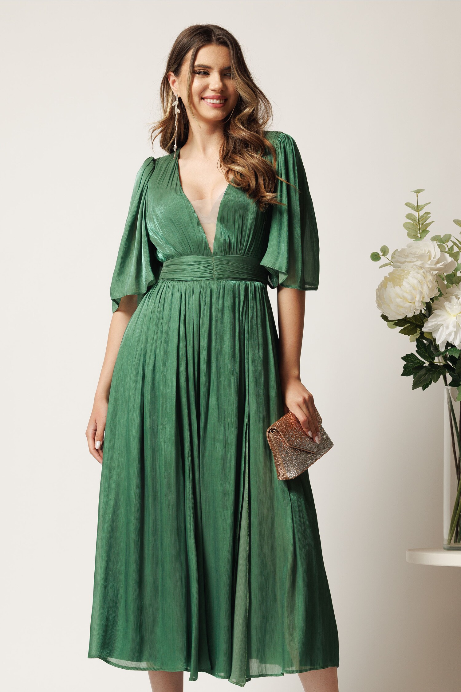 Rochie DY fashion verde midi din voal cu tull și deschidere pe picior Rochie DY fashion verde midi din voal cu tull și deschidere pe picior