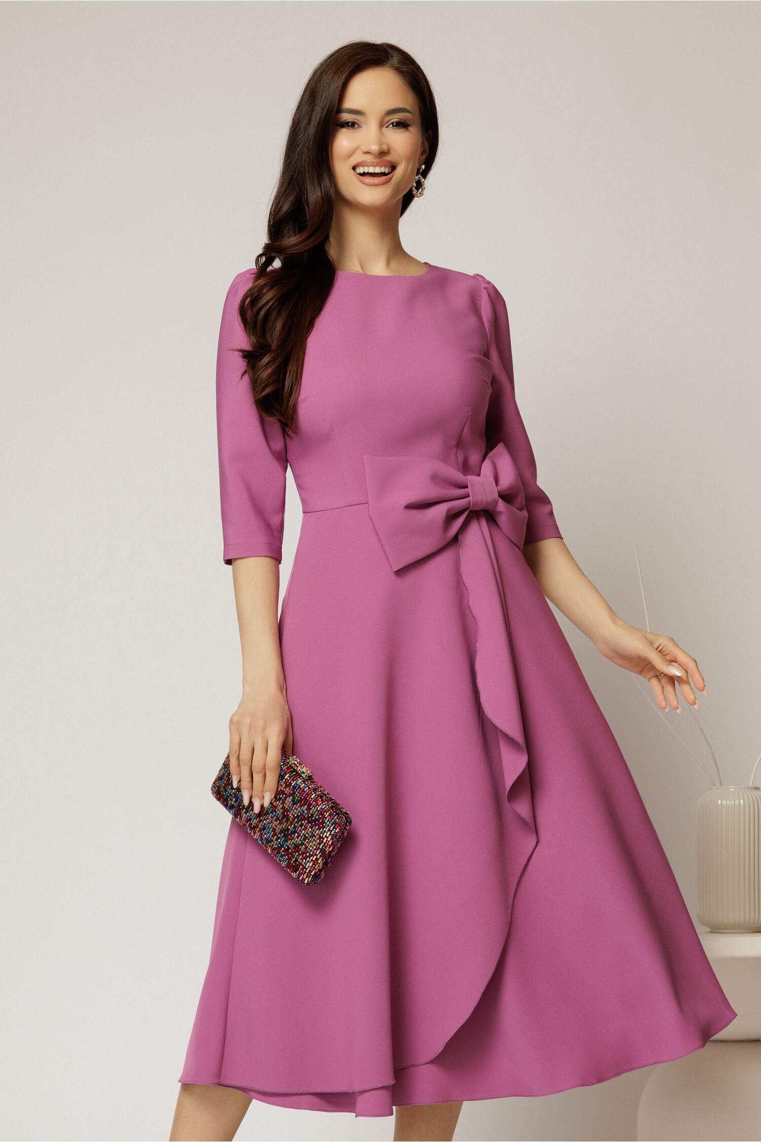 Rochie midi DY fashion mov cu funda amplă pe talie Rochie midi DY fashion mov cu funda amplă pe talie