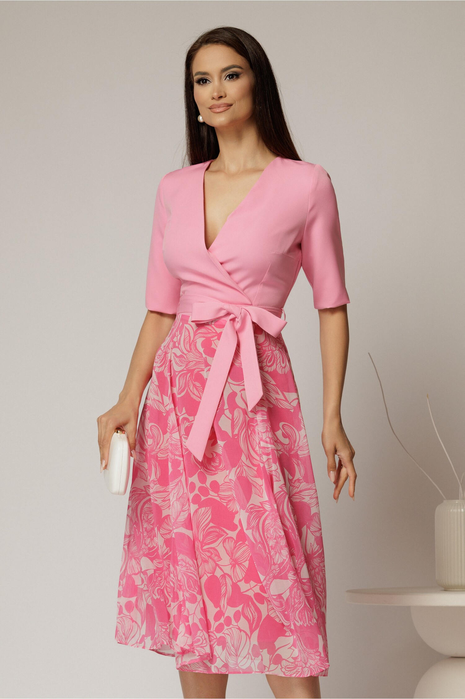 Rochie office din stofă și voal roz cu imprimeu pe fustă – DY Fashion Rochie office din stofă și voal roz cu imprimeu pe fustă – DY Fashion