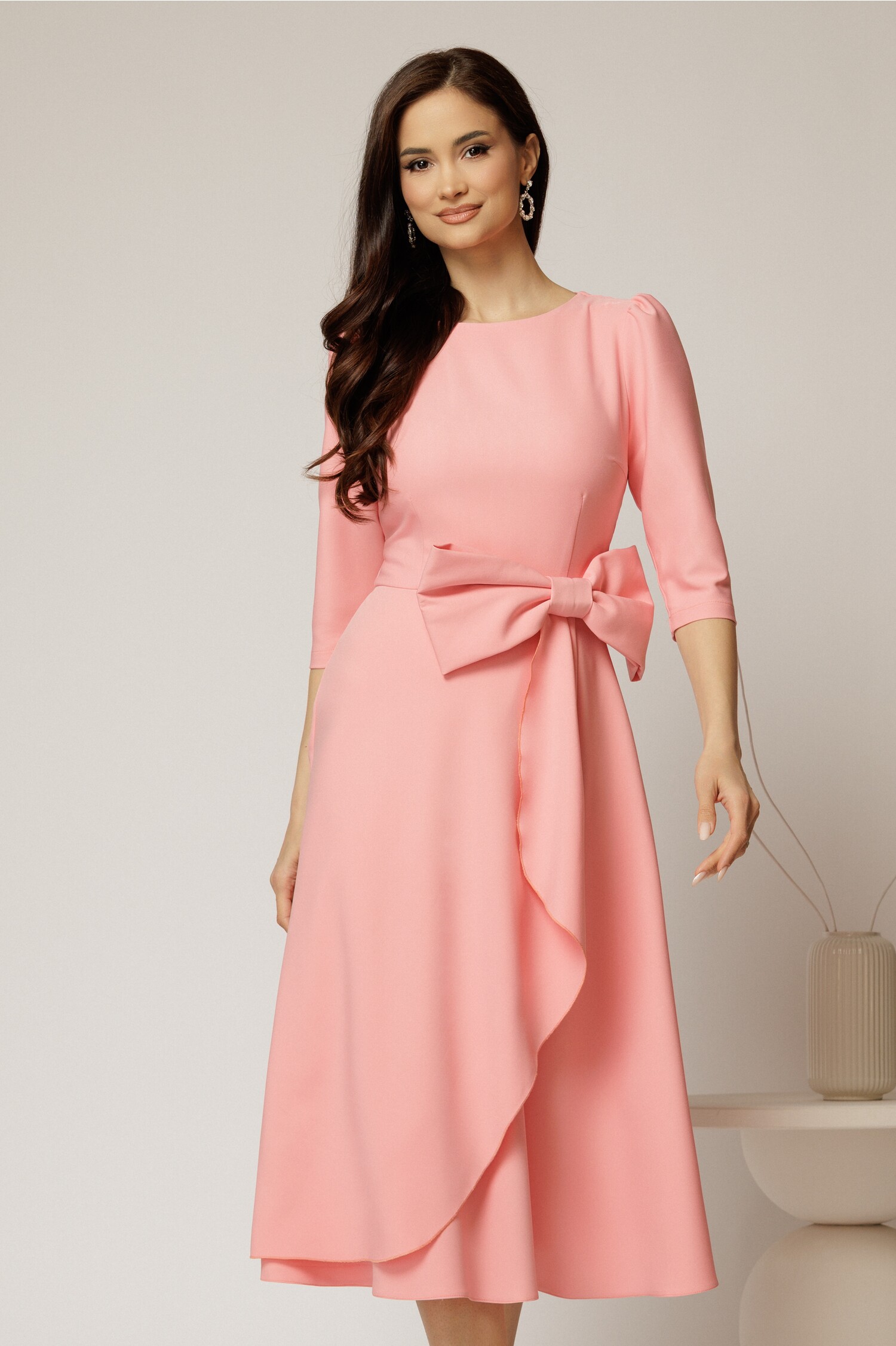 Rochie roz somon DY fashion cu funda amplă în talie Rochie roz somon DY fashion cu funda amplă în talie