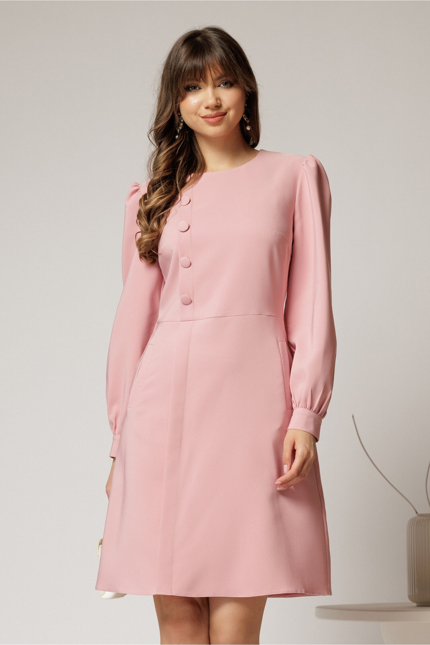 Rochie DY fashion scurtă roz cu nasturi şi fustă a-line Rochie DY fashion scurtă roz cu nasturi şi fustă a-line