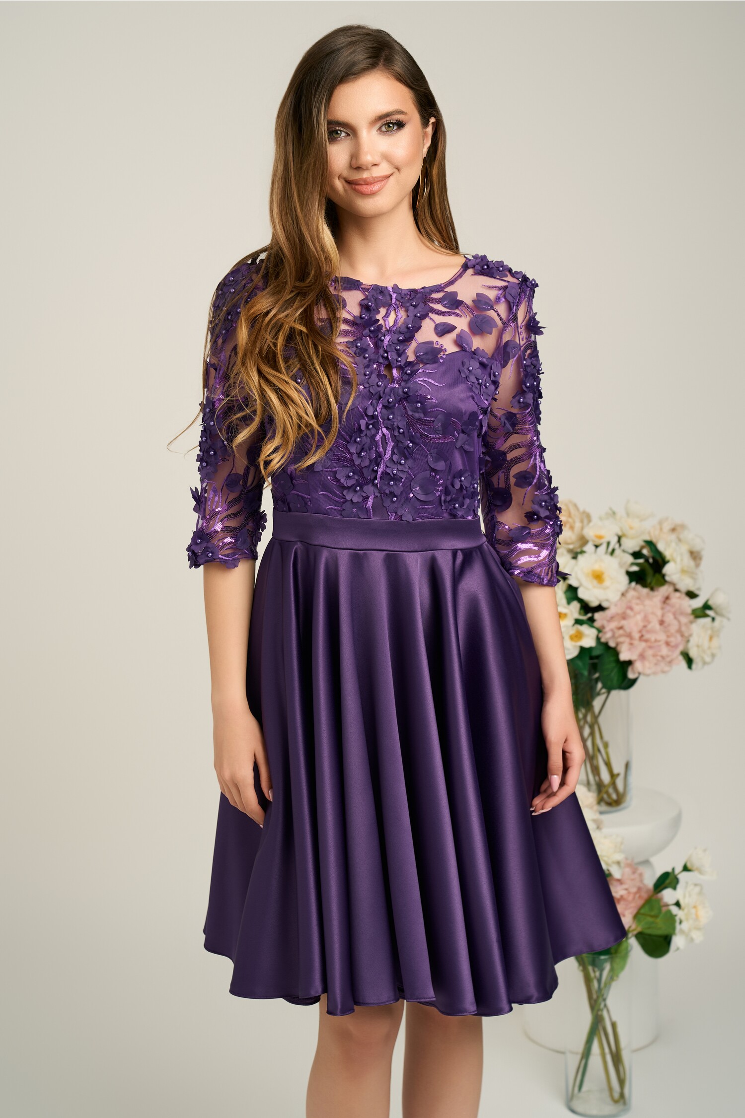 Rochie ana din ella collection, tafta mov cu broderie florală 3D Rochie ana din ella collection, tafta mov cu broderie florală 3D