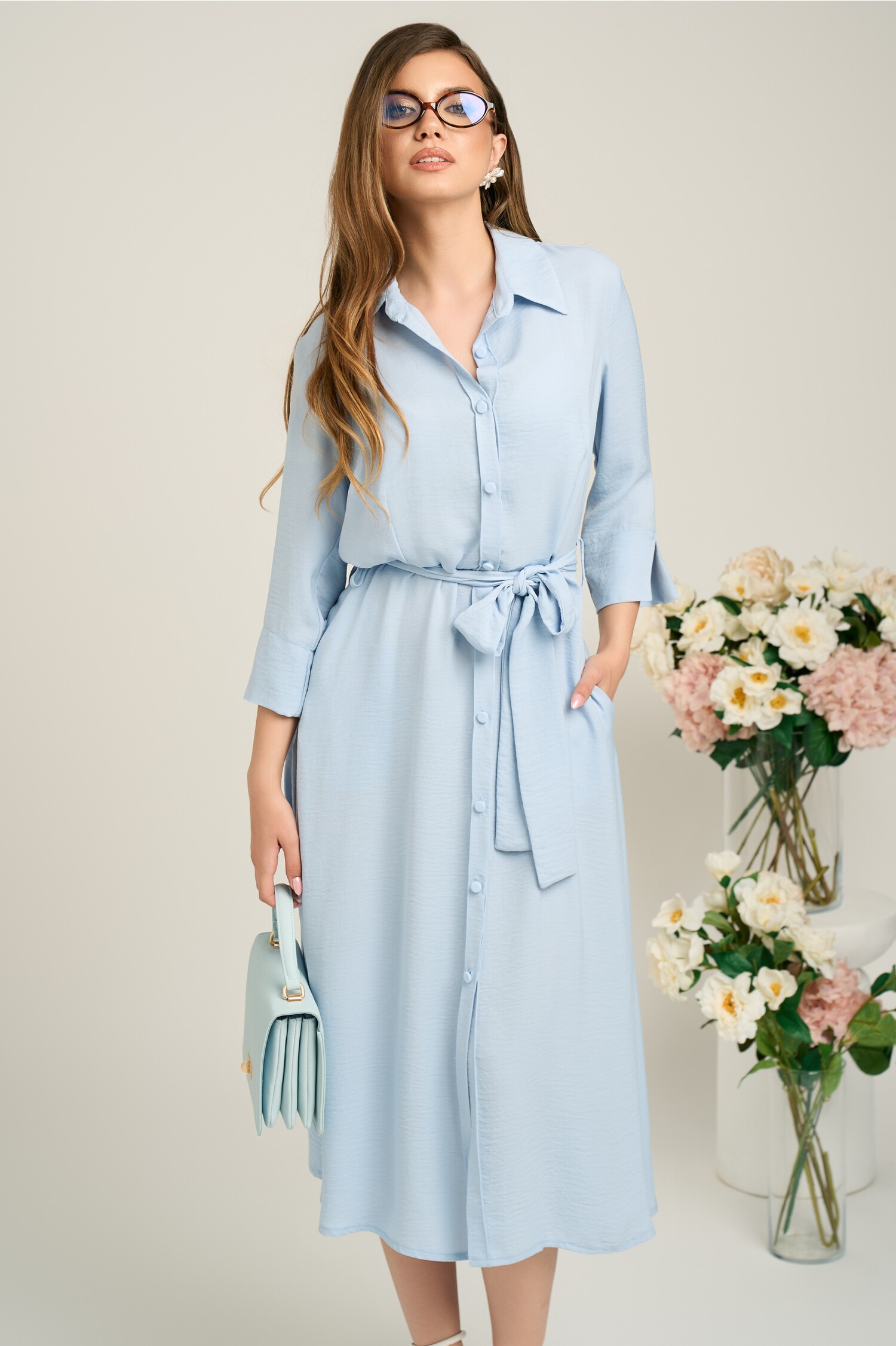 Rochie office bleu din viscoză cu cordon în talie Rochie office bleu din viscoză cu cordon în talie