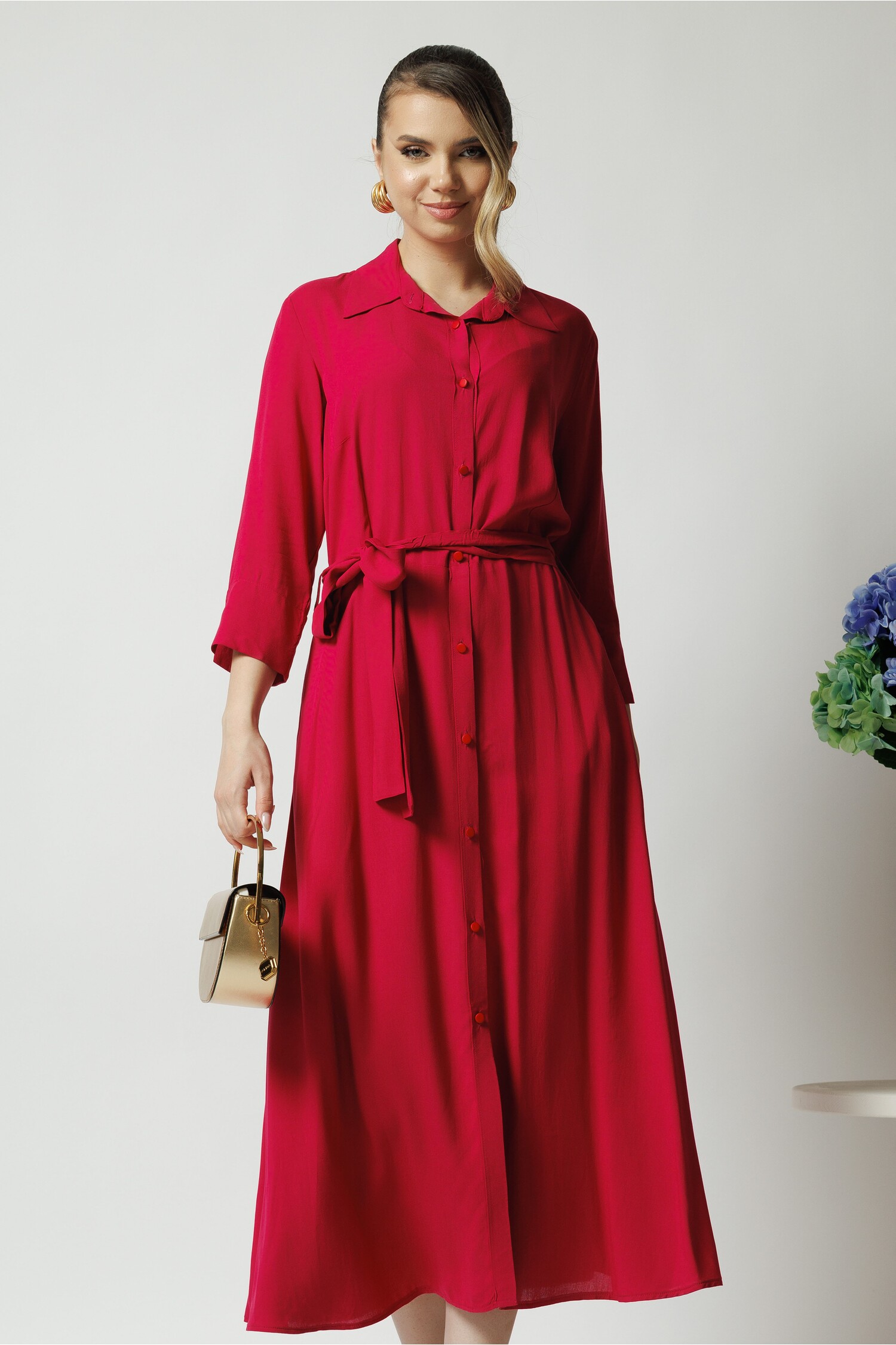 Rochie office din viscoză fucsia cu cordon detașabil Rochie office din viscoză fucsia cu cordon detașabil