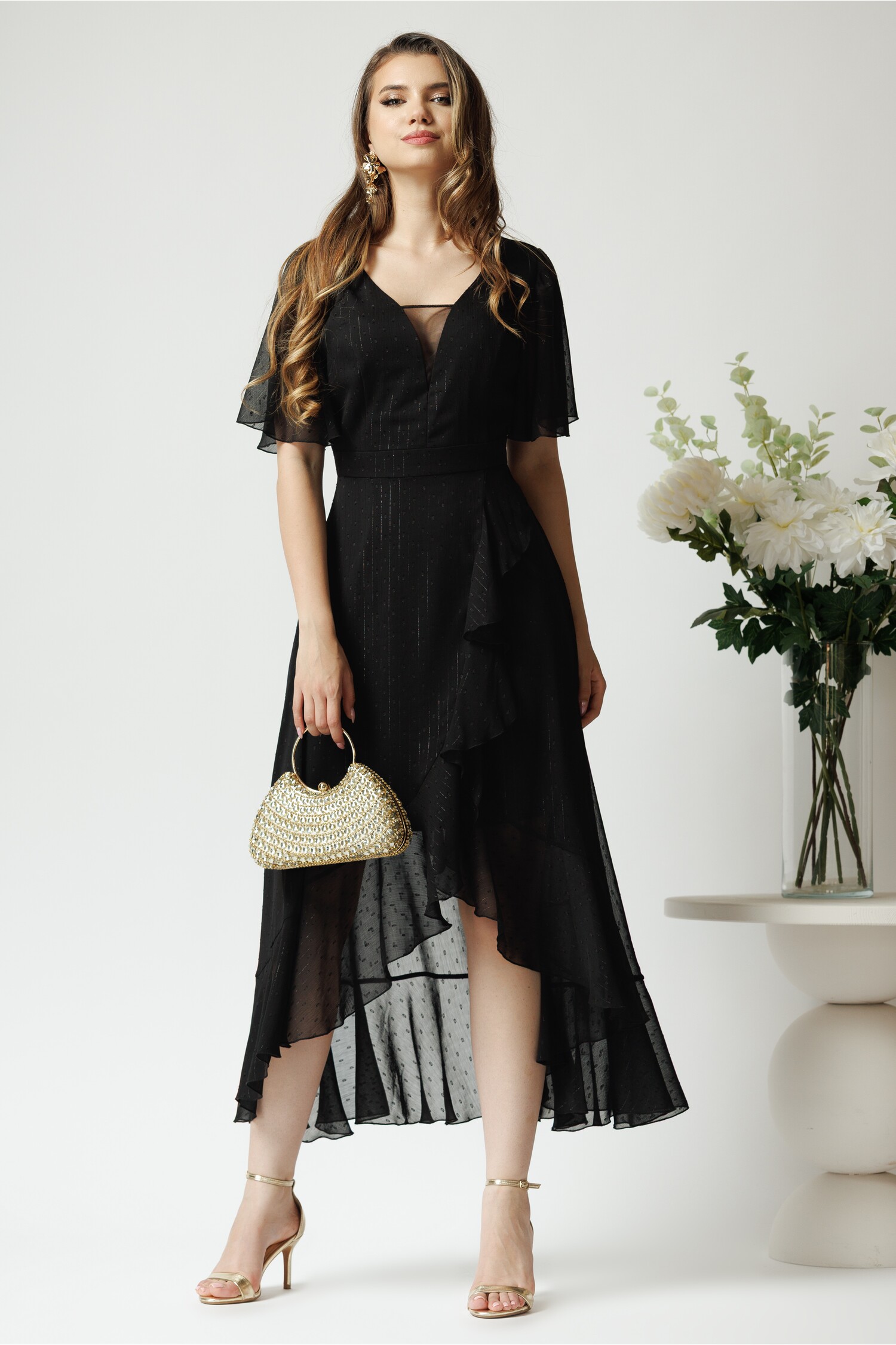 Rochie lungă din voal negru cu detalii lurex Rochie lungă din voal negru cu detalii lurex