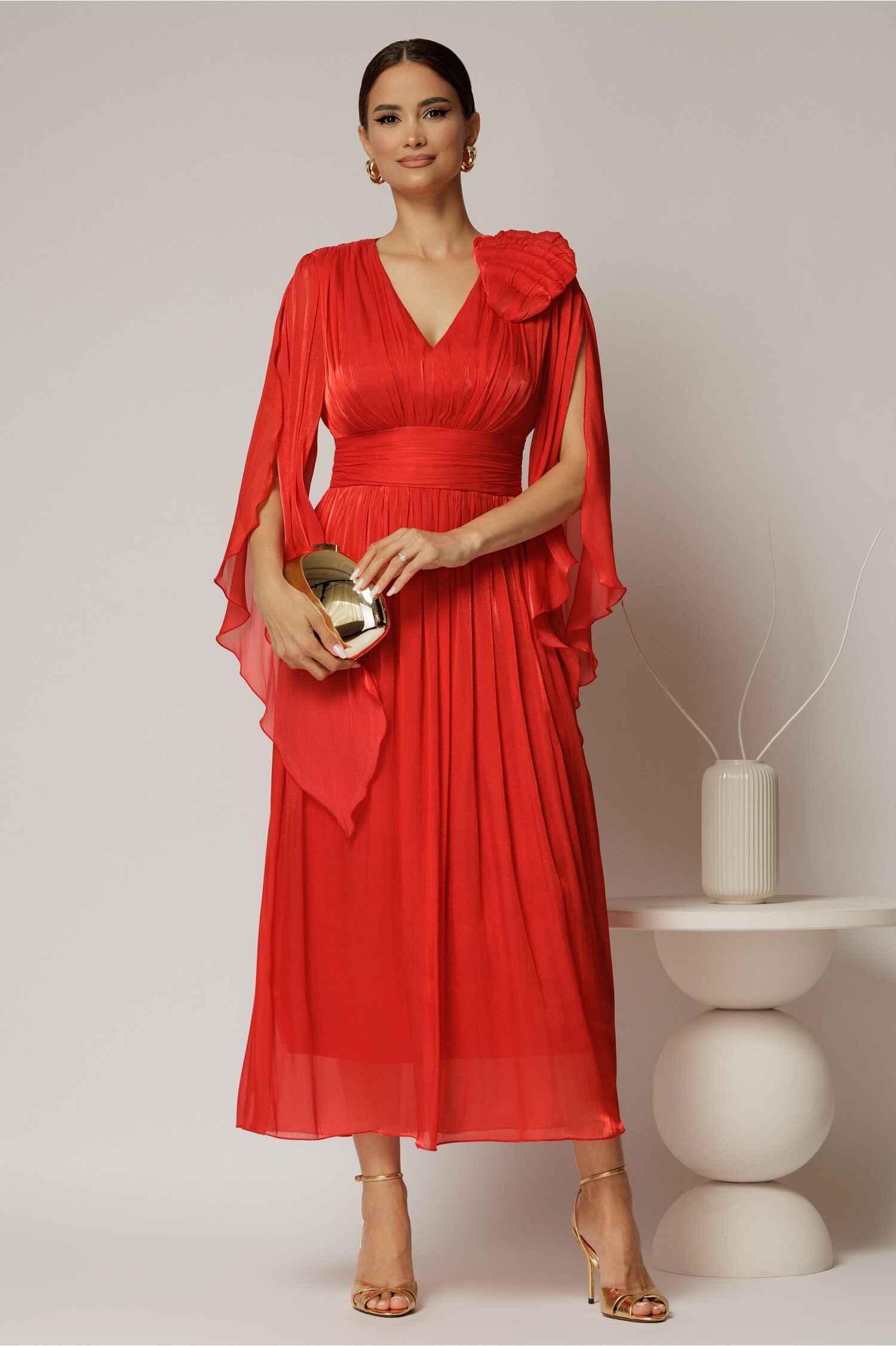 Rochie lungă roșie de seară din voal peliculizat – DY Fashion Rochie lungă roșie de seară din voal peliculizat – DY Fashion