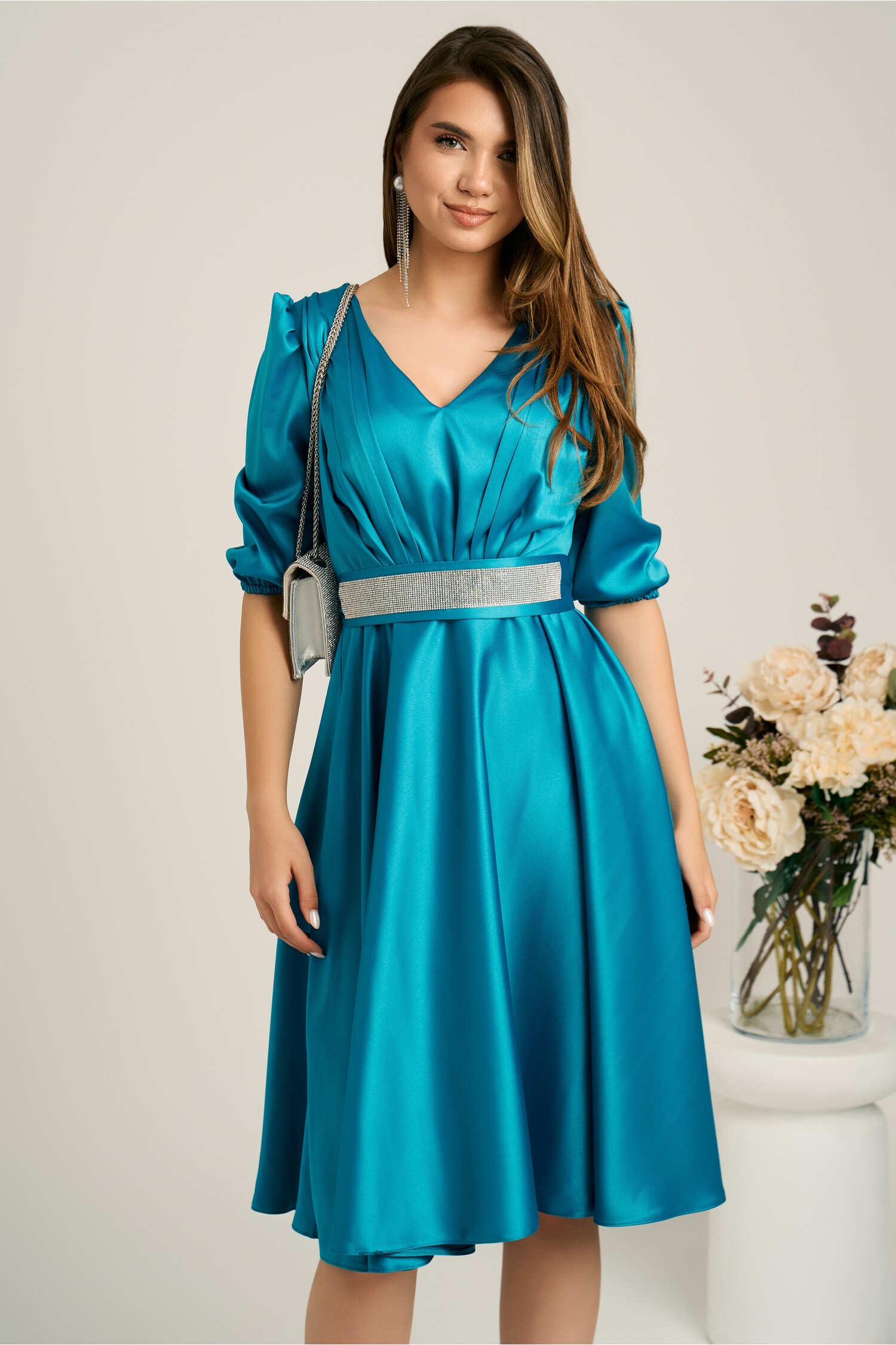 Rochie midi turcoaz din tafta cu cordon – Ella Collection Aria Rochie midi turcoaz din tafta cu cordon – Ella Collection Aria