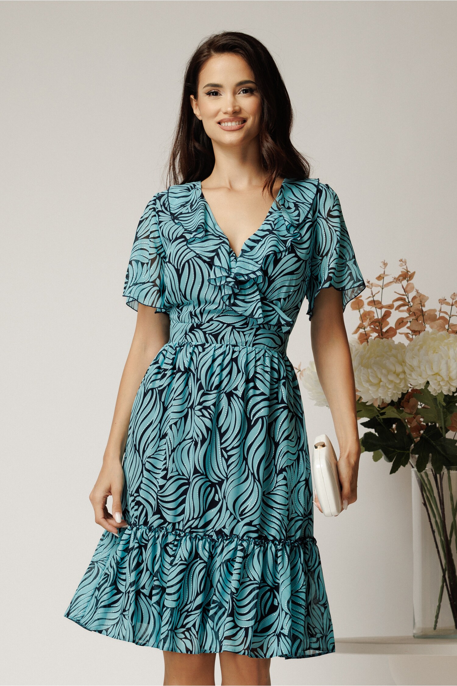 Rochie turcoaz midi din voal cu imprimeu și volane Rochie turcoaz midi din voal cu imprimeu și volane