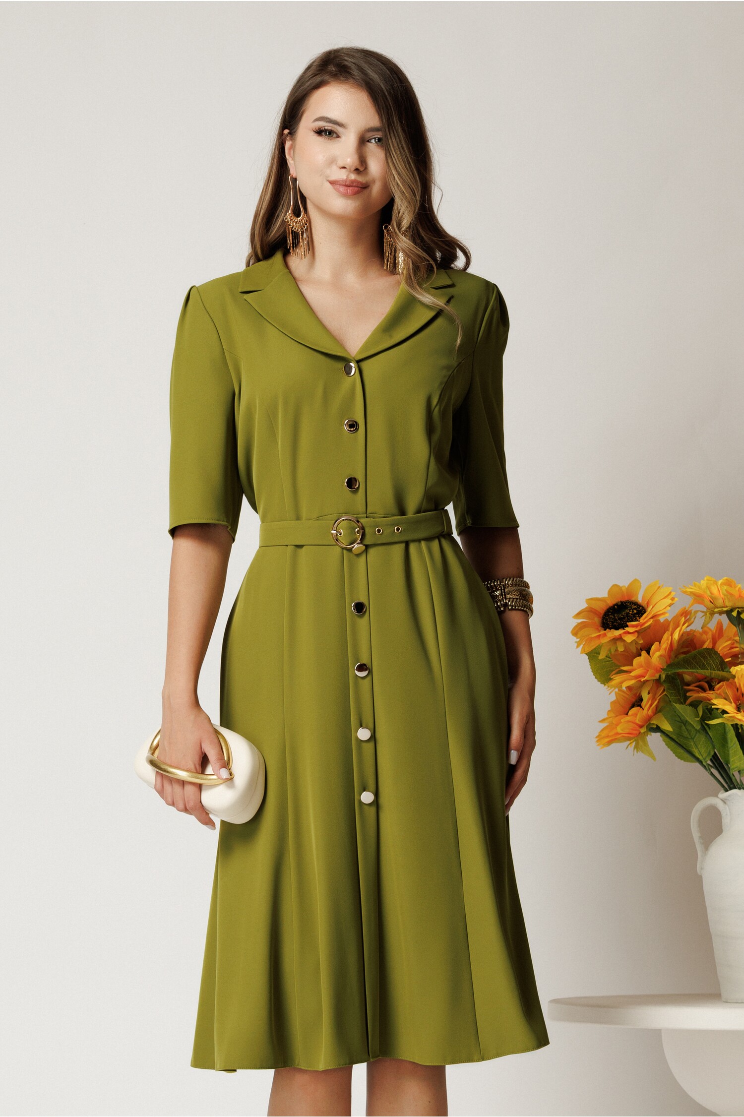 Rochie midi verde din triplu voal cu nasturi și cordon Rochie midi verde din triplu voal cu nasturi și cordon
