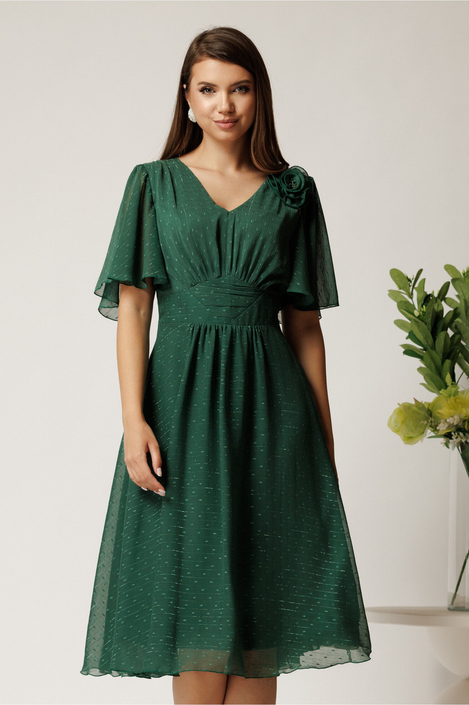 Rochie midi verde din voal cu detalii lurex Rochie midi verde din voal cu detalii lurex