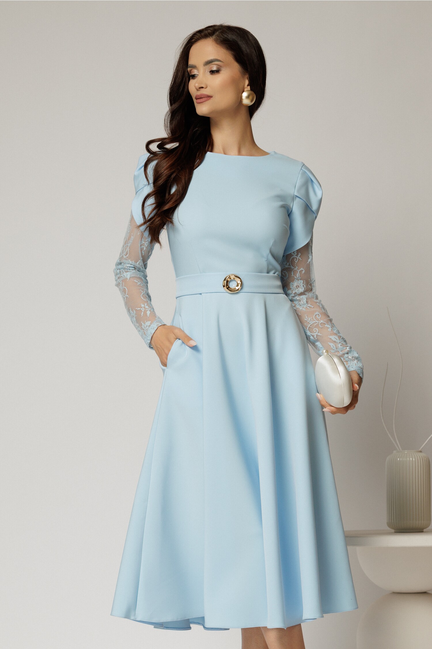 Rochie midi bleu cu mâneci din dantelă și cordon detașabil Rochie midi bleu cu mâneci din dantelă și cordon detașabil