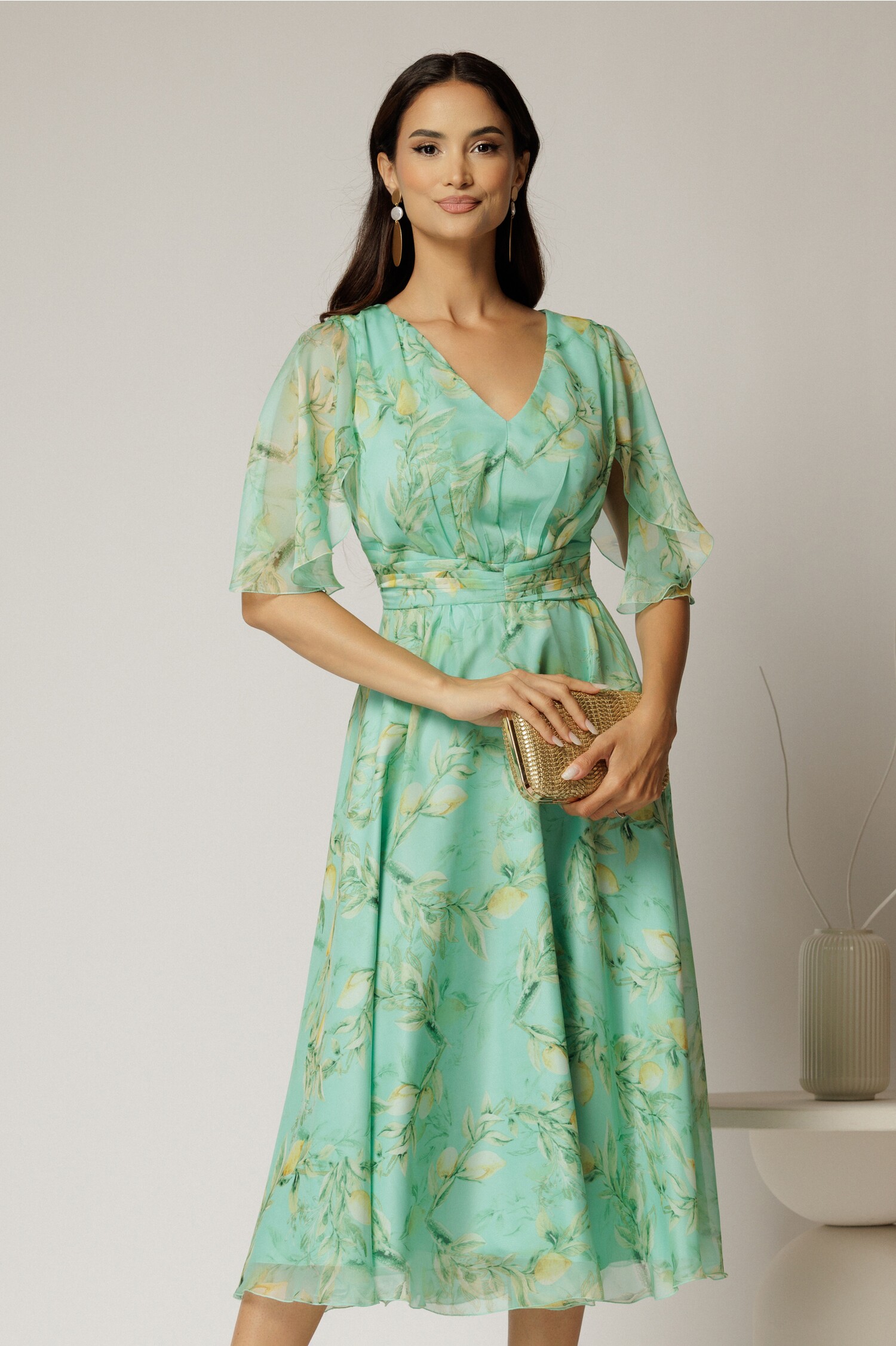 Rochie midi verde mentă din voal cu imprimeu galben – DY Fashion Rochie midi verde mentă din voal cu imprimeu galben – DY Fashion
