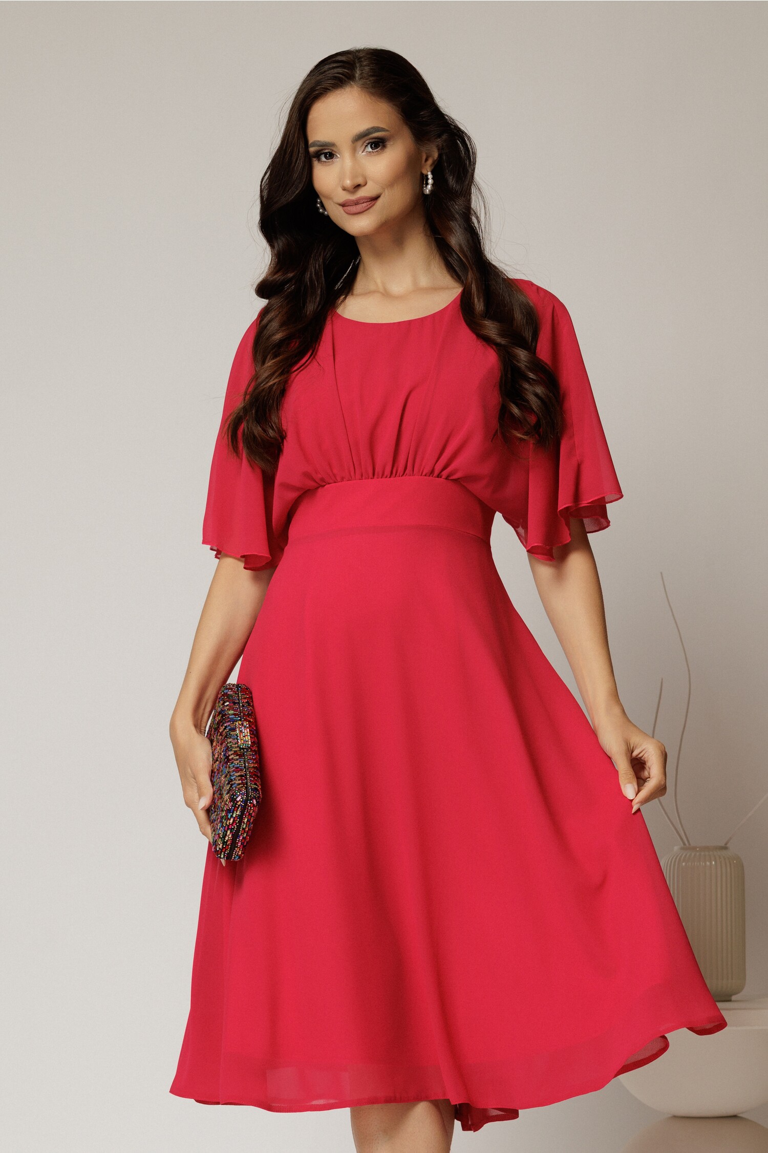 Rochie midi din voal fucsia cu mâneci scurte lejere Rochie midi din voal fucsia cu mâneci scurte lejere
