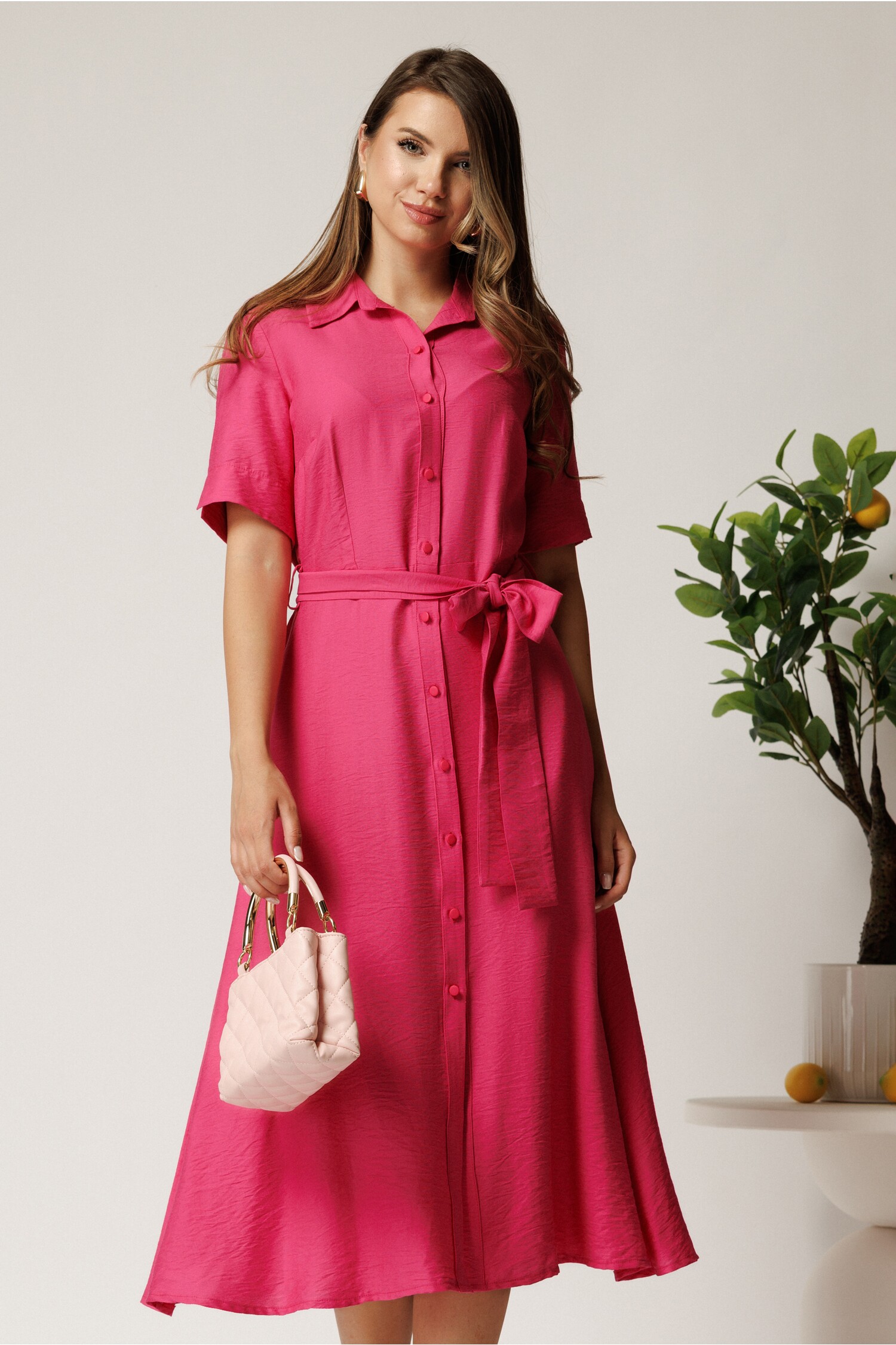 Rochie midi fucsia din bumbac cu cordon în talie Rochie midi fucsia din bumbac cu cordon în talie