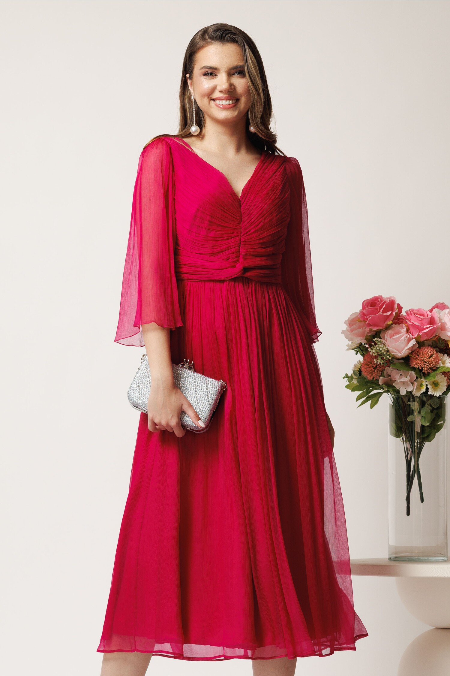 Rochie midi fucsia din mătase naturală cu mâneci evazate – Leonard Collection Rochie midi fucsia din mătase naturală cu mâneci evazate – Leonard Collection