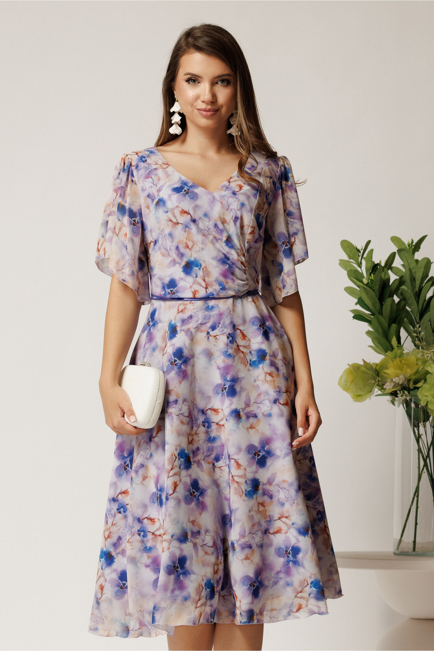 Rochie midi lila din voal cu imprimeuri albastre Rochie midi lila din voal cu imprimeuri albastre