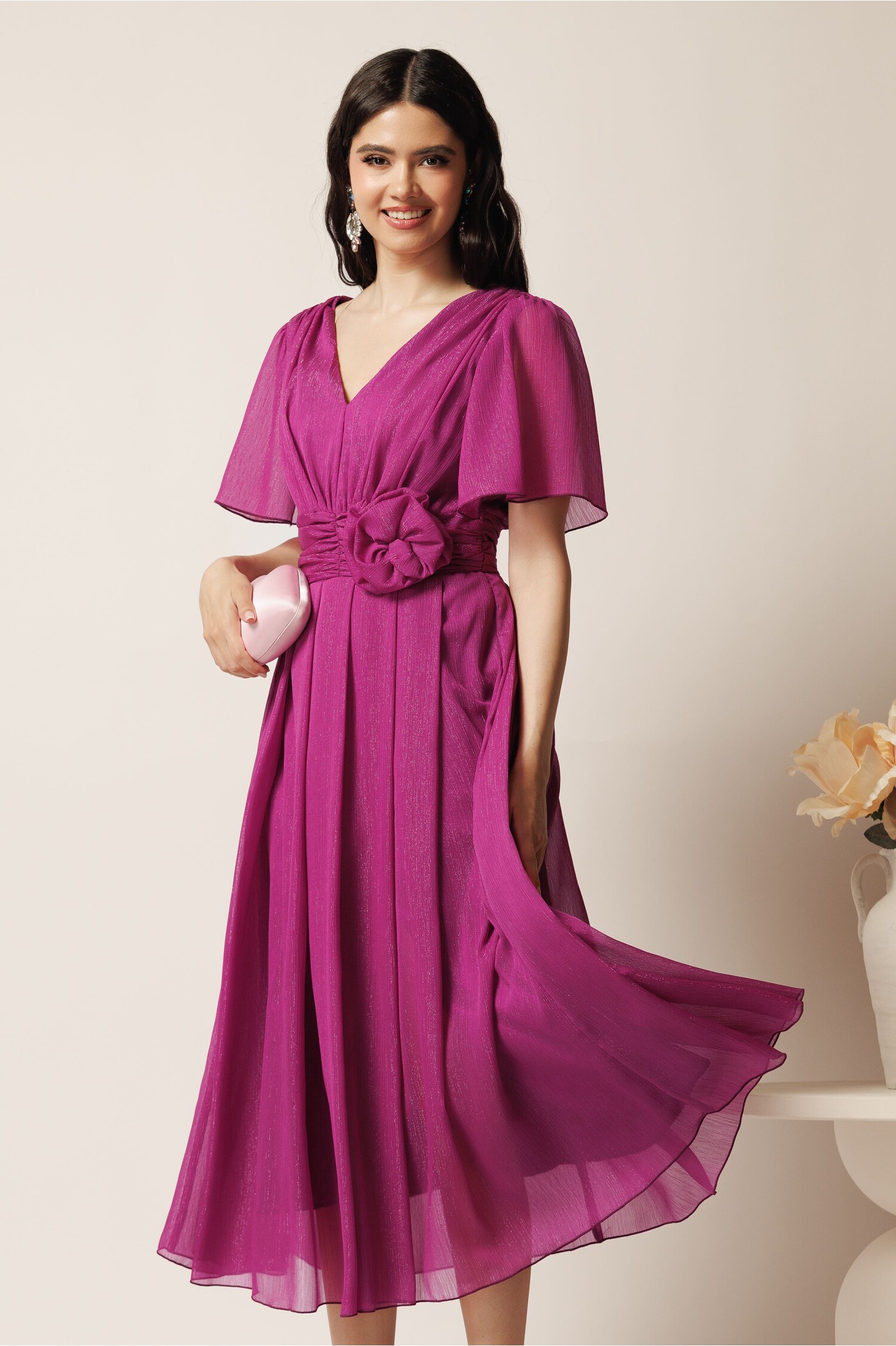 Rochie midi magenta din voal cu floare la talie – Moze Rochie midi magenta din voal cu floare la talie – Moze